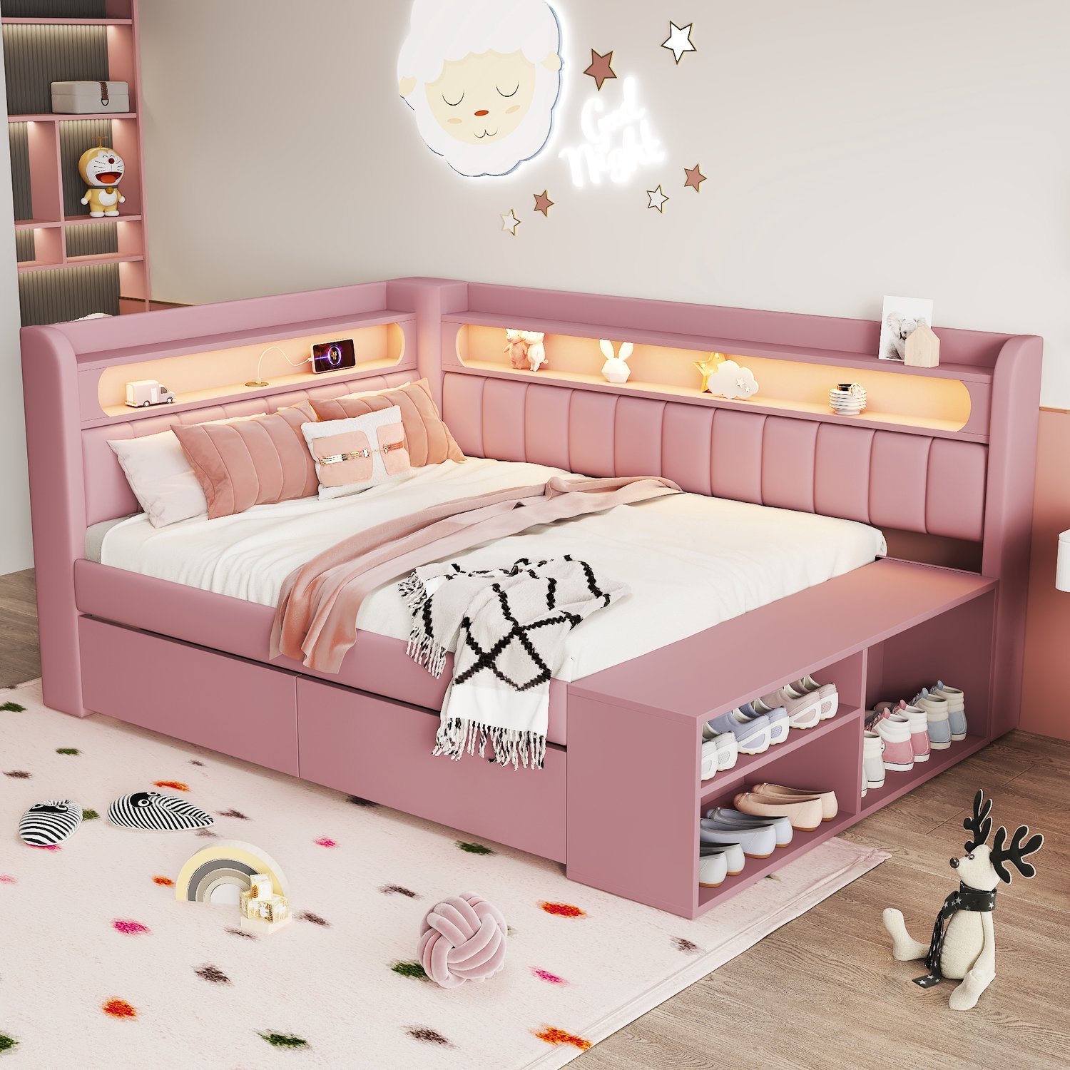 MUVANO Gestoffeerd eenpersoonsbed 90x200 cm - Roze uitvoering - USB-aansluiting - 7-kleuren-ledverlichting - twee opberglades - schoenenkast aan voeteneinde