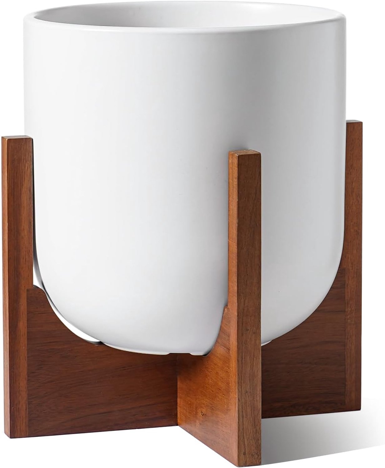 LE TAUCI 25,5 cm plantenpot met acaciahouten standaard, keramische plantenbakken voor kamerplanten, unieke plantenpotten binnen voor huisdecoratie, moderne potten uit het midden van de eeuw voor