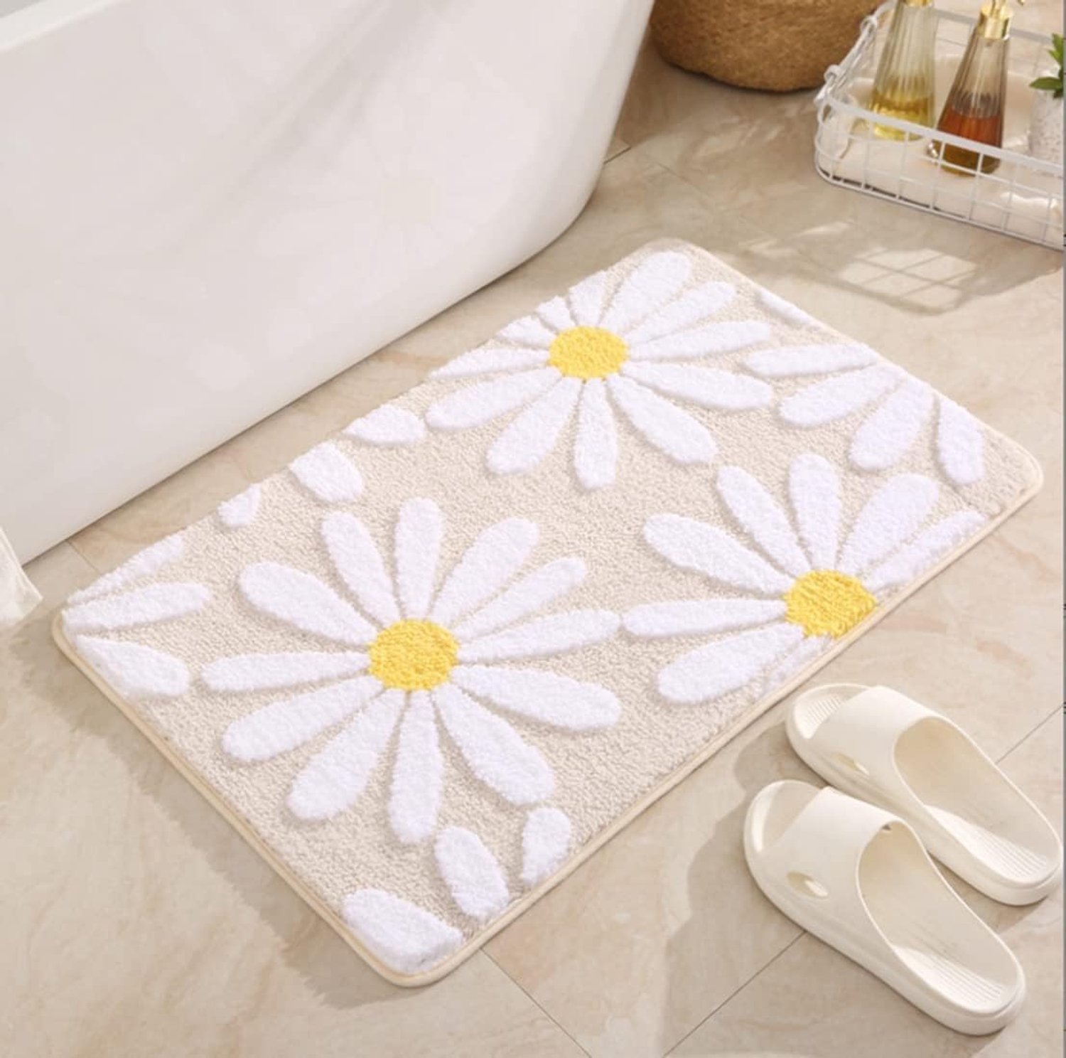 Witte bloemenset badtapijtenset antislip zachte pluche badkamermat voor doucheruimte madeliefjespatroon (kaki 40 x 60 cm)
