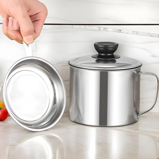 Bespaar keukenolie – verzilverd metaal, 12,7 cm, vloeibare vetafscheider, hergebruik voor frituren, bakkerij thuis, eetkamer, BBQ, buiten, grill, schepnethouder voor — afbeelding 2