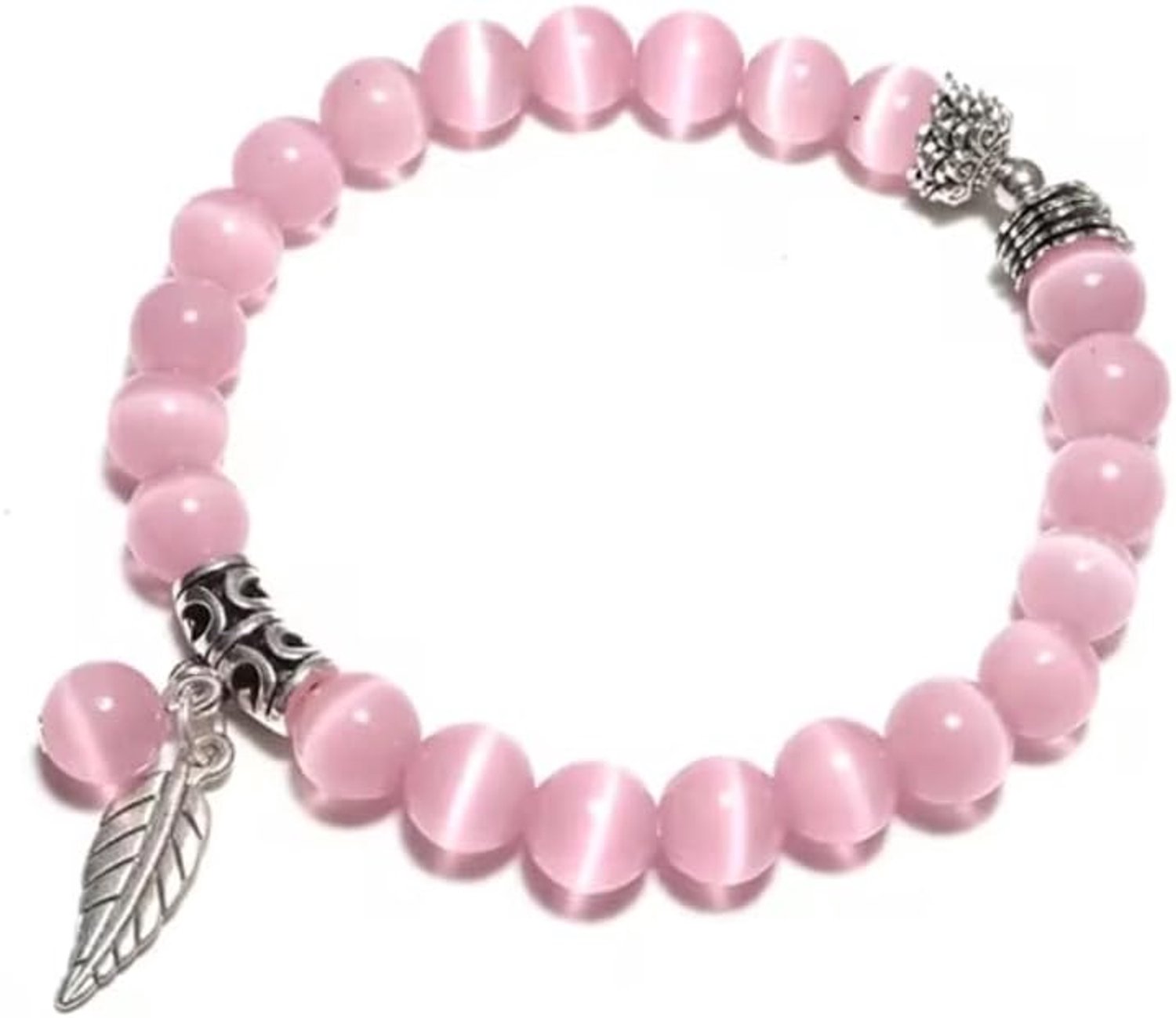 8mm Cat Eyes Stone Armband Voor Vrouwen Natuurlijke Maansteen Braslet Blad Hanger Braclet Roze Opaal Brazalete