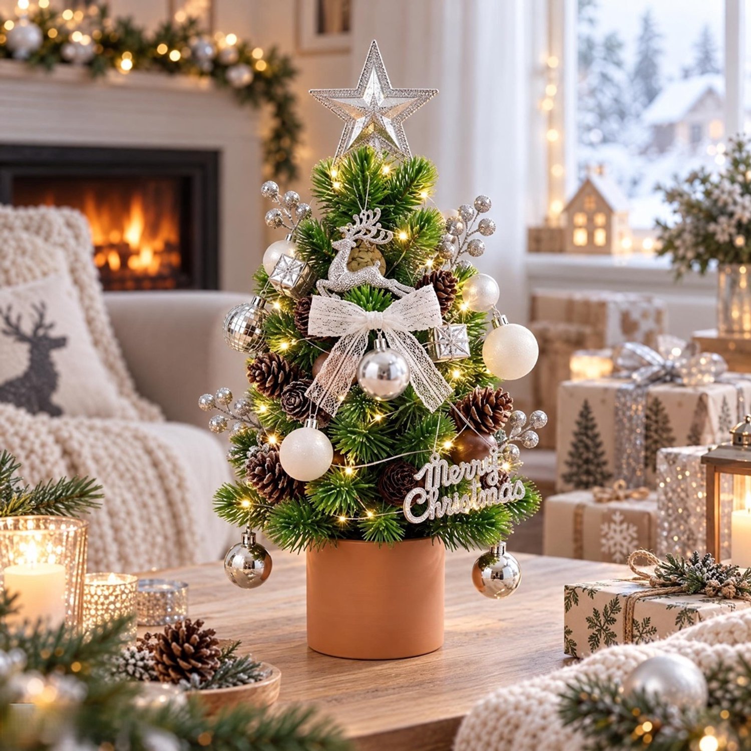 Mini Kunstkerstboom 45 cm met LED Verlichting - DIY Decoratieset – Kerstversiering - Realistische Kerstboom in Pot – Sfeervolle Kerstversiering voor Woonkamer, Eettafel of Kantoor – foto 2