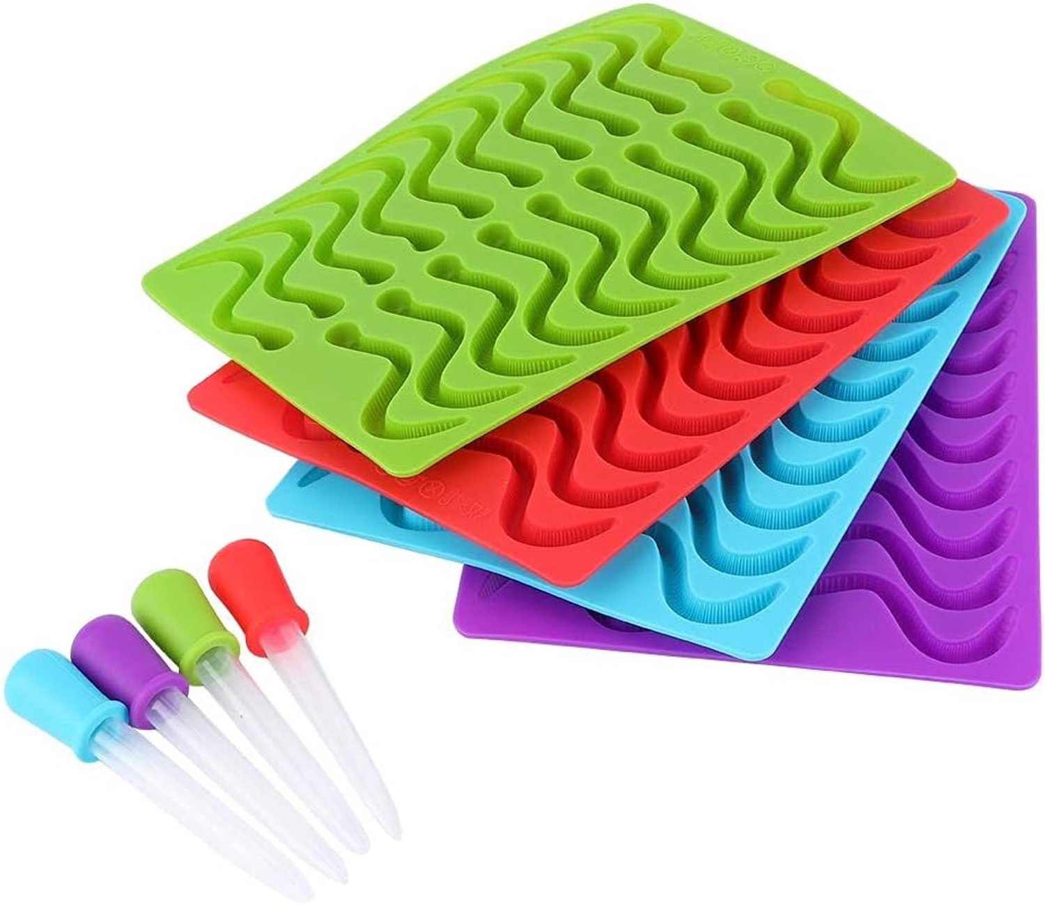 Zerodis 4 Stks Snoep Mallen, Siliconen Aardworm Vorm Vorm Flexibele Fondant Chocolade Schimmel met Dropper Baking Tool Rood Blauw Groen Paars