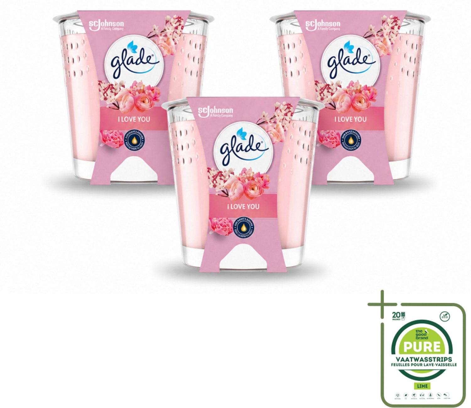 Glade 3 x Glade - Geurkaars I Love You - 100% Raapzaadwas & Vegan - 112 g - Grootverpakking - Vaatwasstrips - Geurkaars - Vegan - Bloemige Geur - Meloen - Perzik roze
