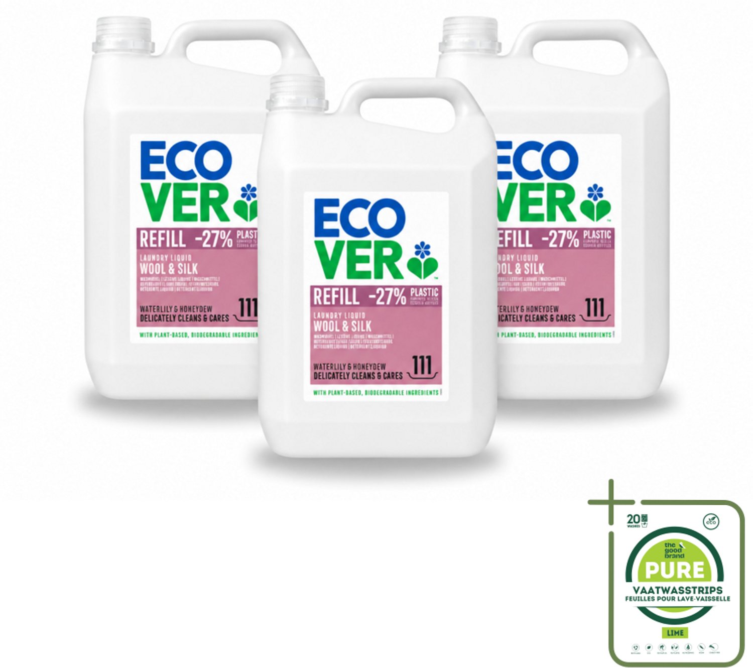 3 x Ecover - Vloeibaar wasmiddel - Wol & Fijnwas - Waterlelie & Honingmeloen - 5 liter - 111 wasbeurten - Grootverpakking - Vaatwasstrips - Fijnwas - Wolwas - Delicate Stoffen - Natuurlijk Wasmiddel - Zachte Reiniging