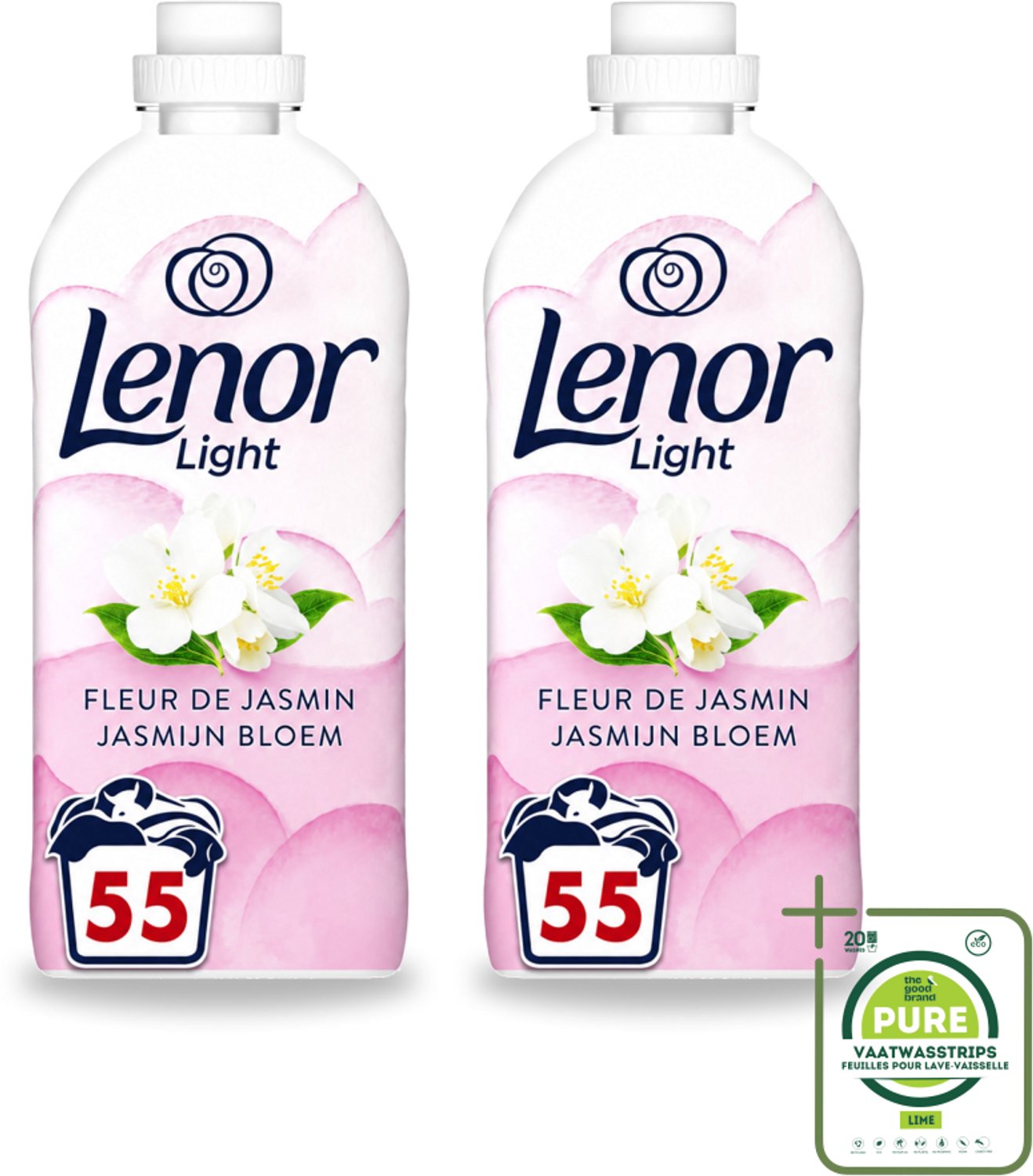 2 x Lenor Light - Wasverzachter - Jasmijnbloem - Fris & Zacht - 55 Wasbeurten - Grootverpakking - Vaatwasstrips - Wasverzachter - Jasmijn - Wasverzachter Jasmijn - Milde Frisheid - Zachte Was