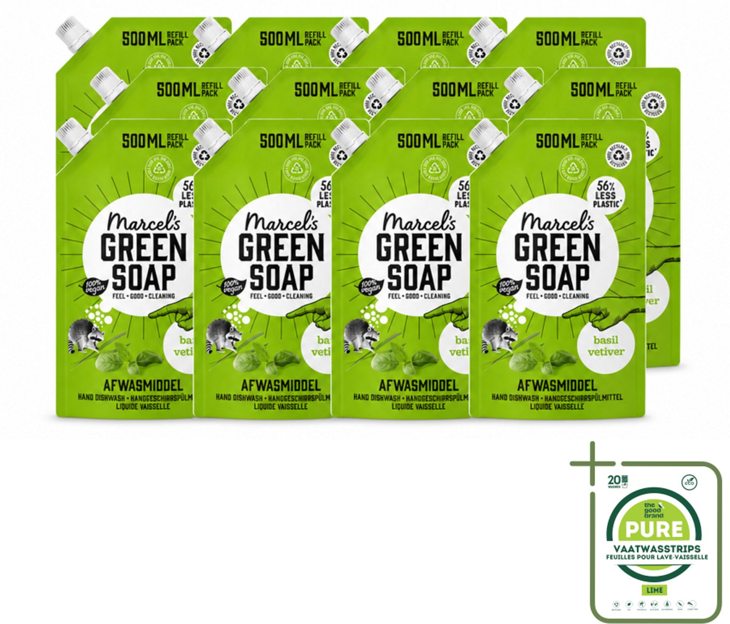 12 x Marcel's Green Soap - Navulling - Afwasmiddel - Basilicum & Vetiver Gras - Plantaardig & duurzaam - 500 ml - Grootverpakking - Vaatwasstrips - Afwasmiddel - Navulverpakking - Basilicum - Vetiver - Plantaardig