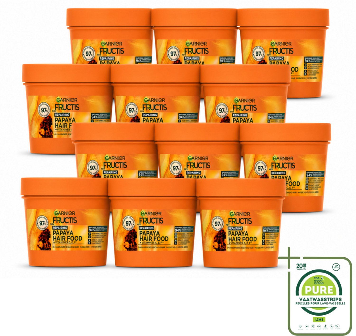 12 x Garnier - Fructis Hair Food Papaya - 3-in-1 Haarmasker - Beschadigd Haar - 400 ml - Grootverpakking - Vaatwasstrips - Haarmasker - Haarvoeding - Beschadigd Haar - Papaya - Kokosolie