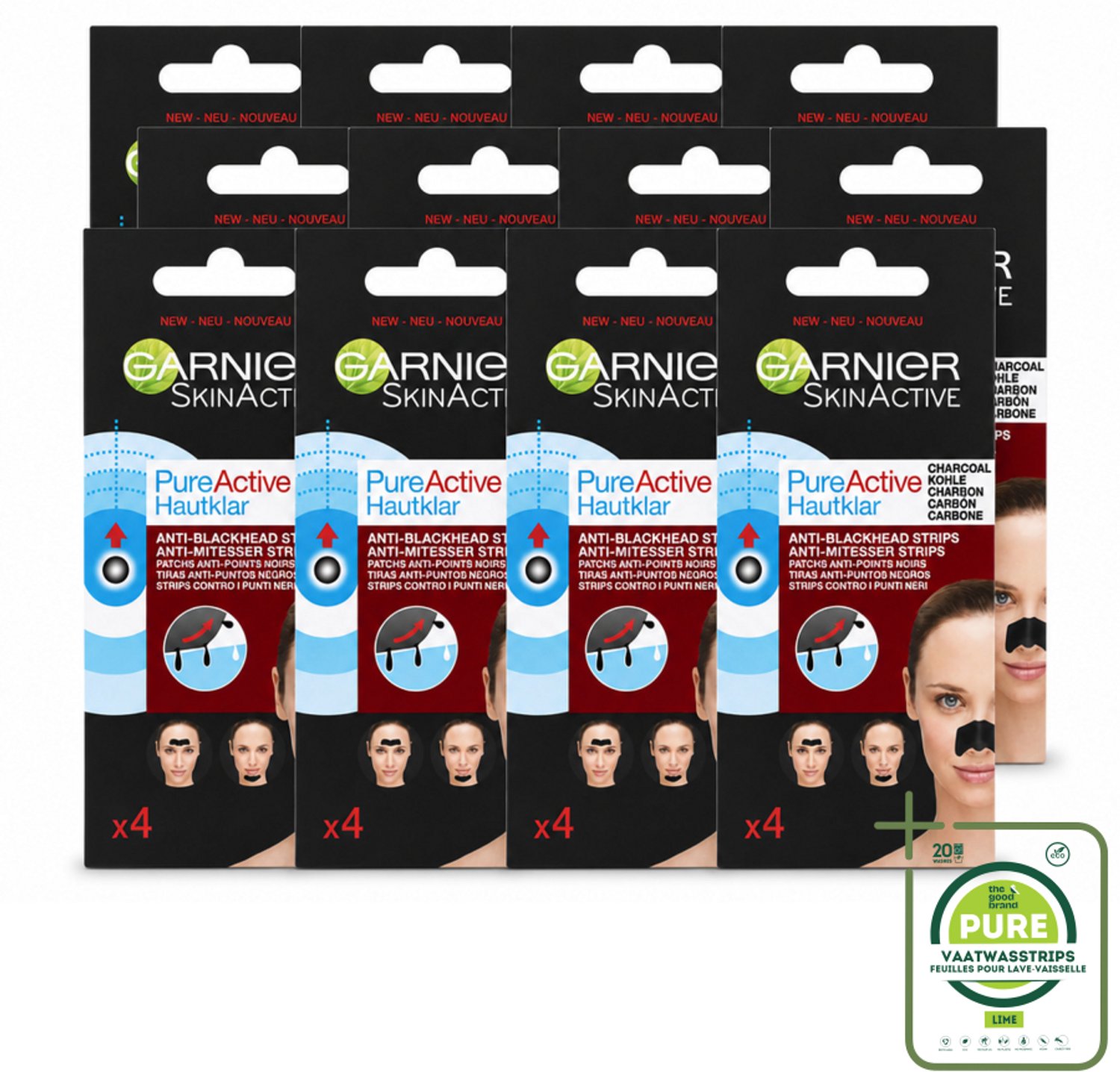 12 x Garnier - Pure Active - Anti-Mee-Eters Strips - Charcoal - Neus, Voorhoofd & Kin - 4 Strips - Grootverpakking - Vaatwasstrips - Anti-mee-eters Strips - Houtskool Strips - Zuivere Huid - T-zone Reinigen - Poriën Reinigen
