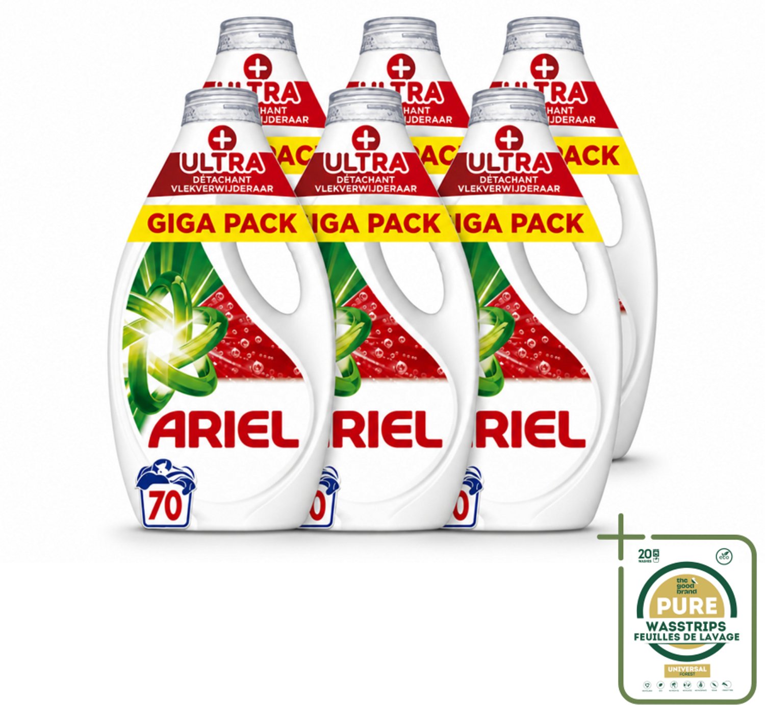6 x Ariel - Vloeibaar Wasmiddel - +Ultra Vlekverwijderaar - 70 Wasbeurten - 3150 ml - Wasstrips - Vloeibaar Wasmiddel - Vlekverwijderaar - Hardnekkige Vlekken - Koud Was - Milieuvriendelijk Wasmiddel