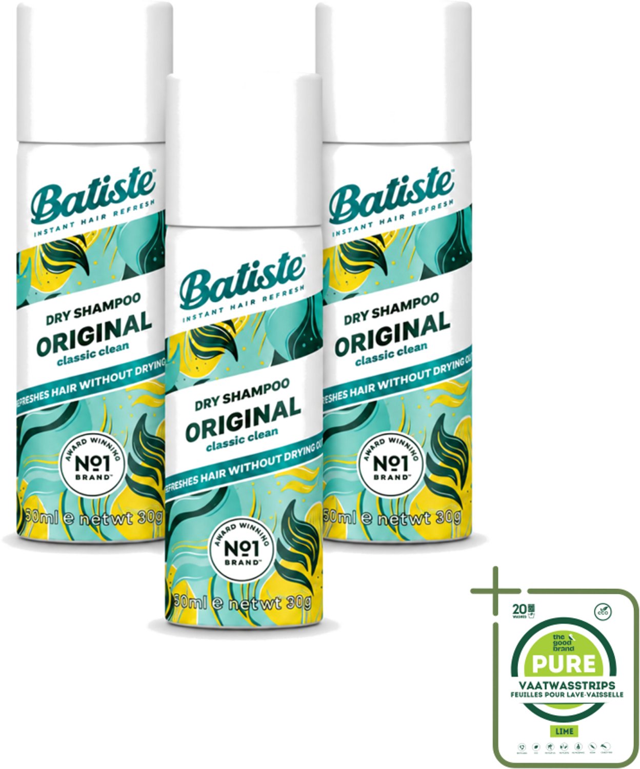 3 x Batiste - Classic Clean - Droogshampoo - Koele en Schone Geur - Verfrist en Geeft Grip - 50ml - Grootverpakking - Vaatwasstrips - Fris Haar - Droogshampoo - Haarkleur - Haartype - Haarspray