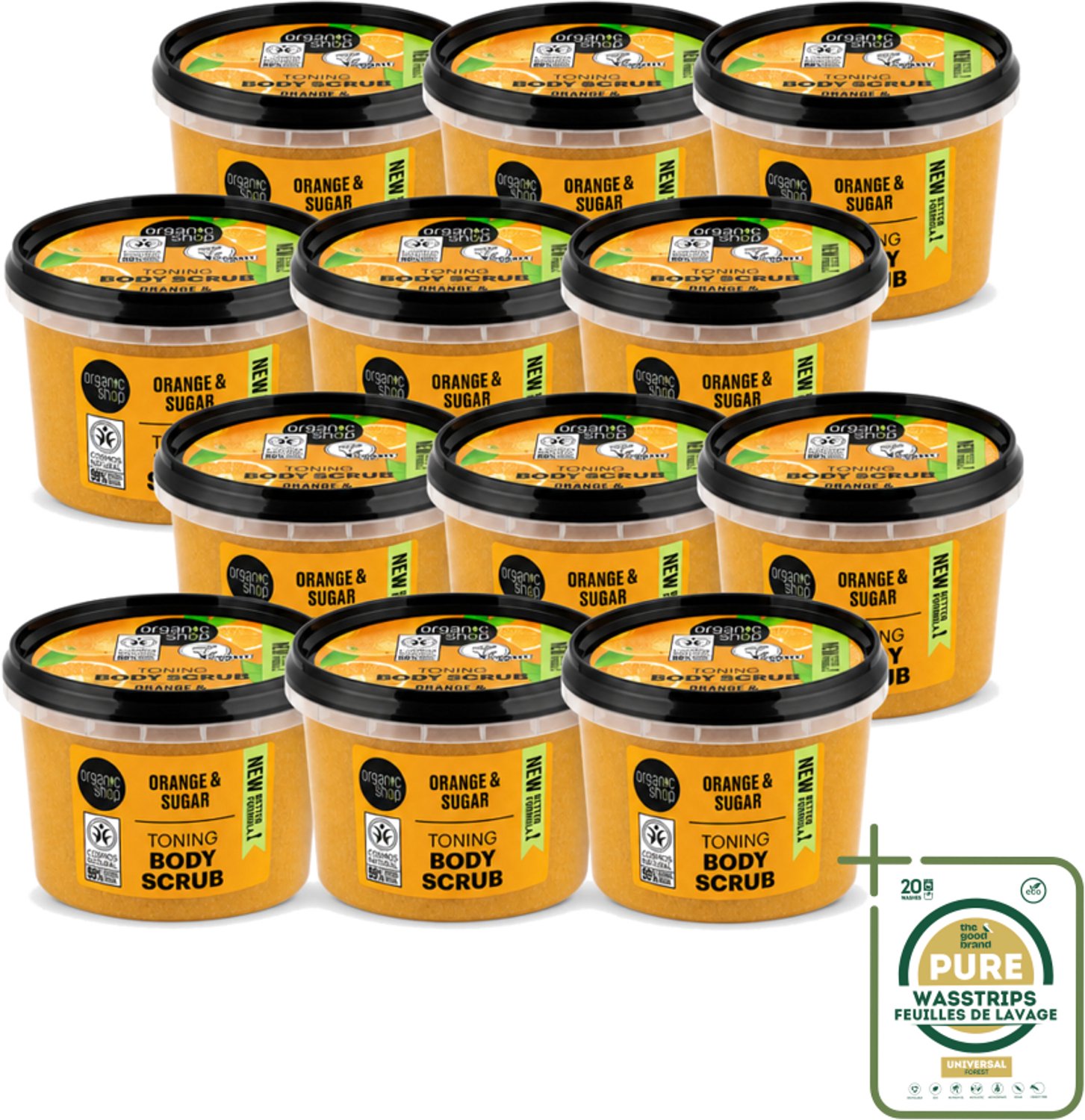 12 x Organic Shop - Body Scrub Orange - Verzorgend en Geurend - 250 ml - Wasstrips - Bodyscrub - Huidverzorging - Exfoliatie - Sinaasappelolie - Natuurlijke Huidverzorging