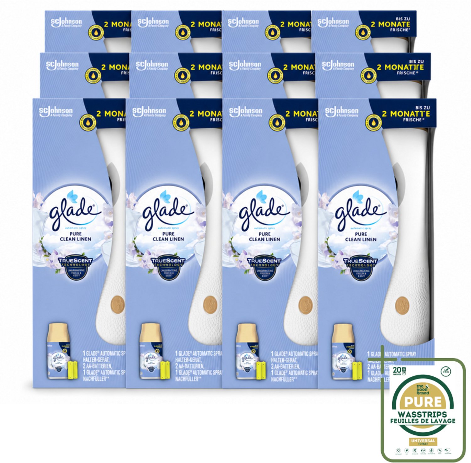 12 x Glade - Startset Automatische Spray - Pure Clean Linen - 269 ml - Wasstrips - Automatische Luchtverfrisser - Frisheid In Huis - Geur In De Woonkamer - Geur In De Hal - Geur In De Slaapkamer