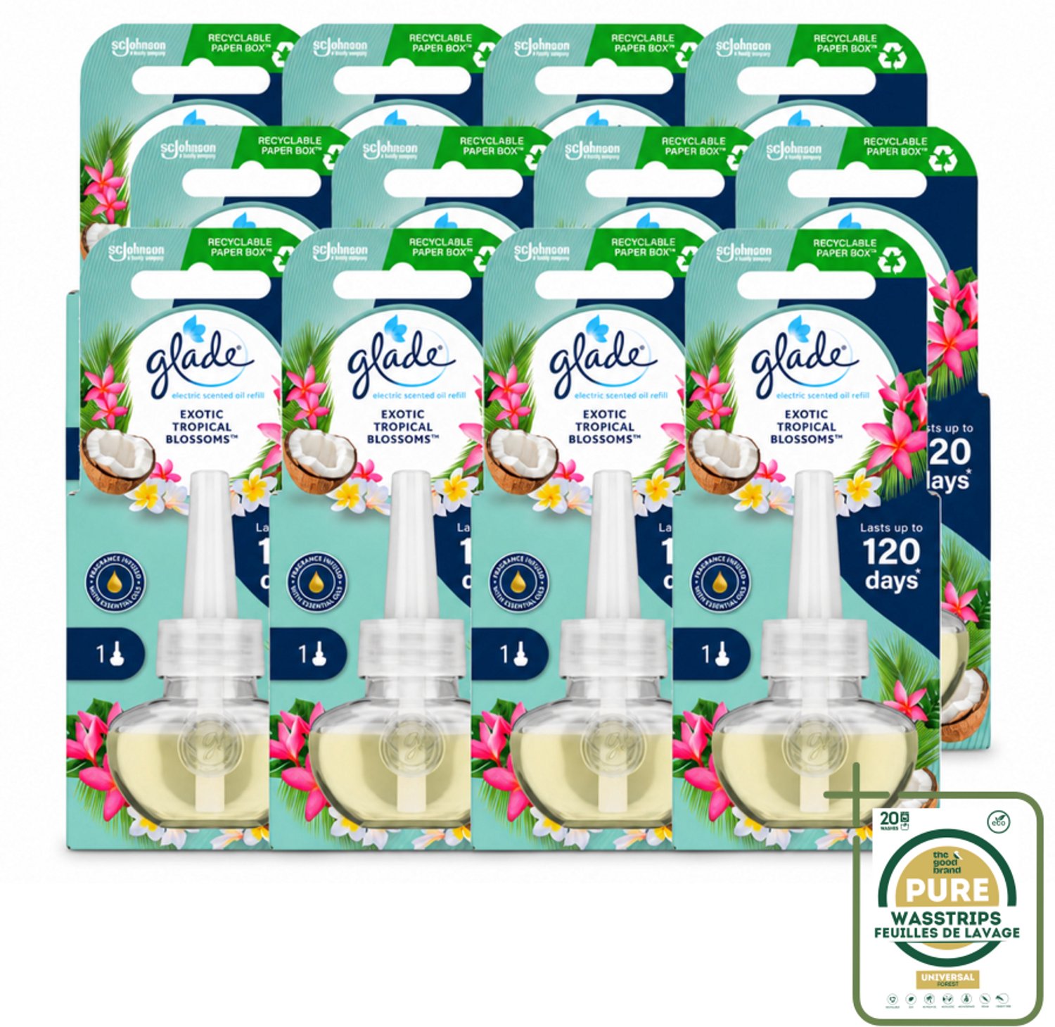 12 x Glade - Navulling Elektrische Olie - Exotic Tropical Blossoms - Zonder Houder - Wasstrips - Luchtverfrisser - Geur - Tropische Geur - Monoi Olie - Kokosmelk