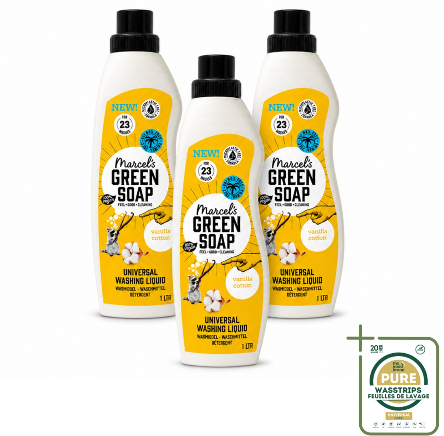 3 x Marcel's Green Soap - Vloeibaar Wasmiddel - Katoen & Vanille - Effectief & natuurlijk - 23 Wasbeurten - 1 Liter - Wasmiddel Katoen En Vanille - Natuurlijk Wasmiddel - Milieuvriendelijk Wasmiddel - Zeep Wasmiddel - Wasmiddel Voor Kleding