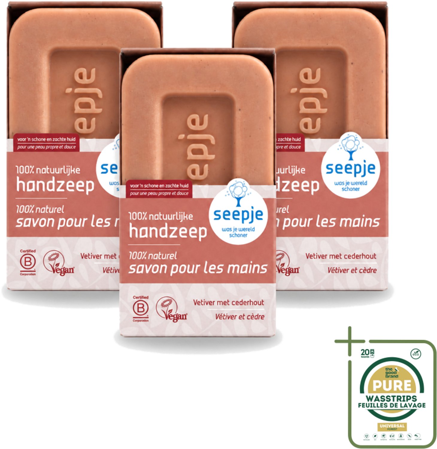 3 x Seepje - Handzeep - Duurzaam & Milieuvriendelijk - Vetiver met Cederhout - 120 gr - Wasstrips - Handzeep - Vetiver - Cederhout - Natuurlijke Handzeep - Duurzaam Handzeep