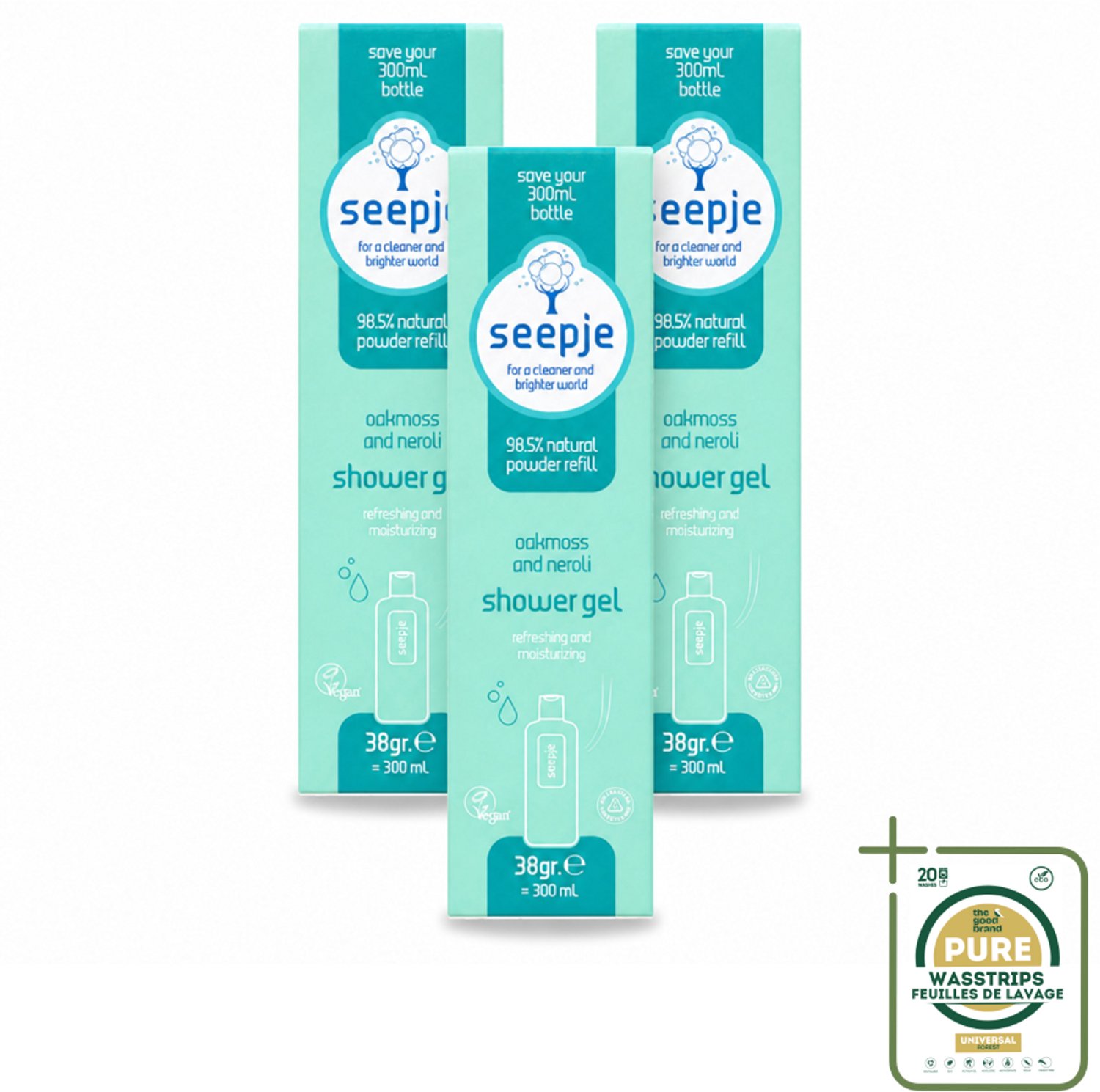 3 x Seepje - Douchegel - Duurzaam & Handig - Eikenmos en Neroli - Navulling - 38 gr - Wasstrips - Douchegel Navulling - Duurzaam Douchegel - Eikenmos Douchegel - Neroli Douchegel - Natuurlijke Douchegel