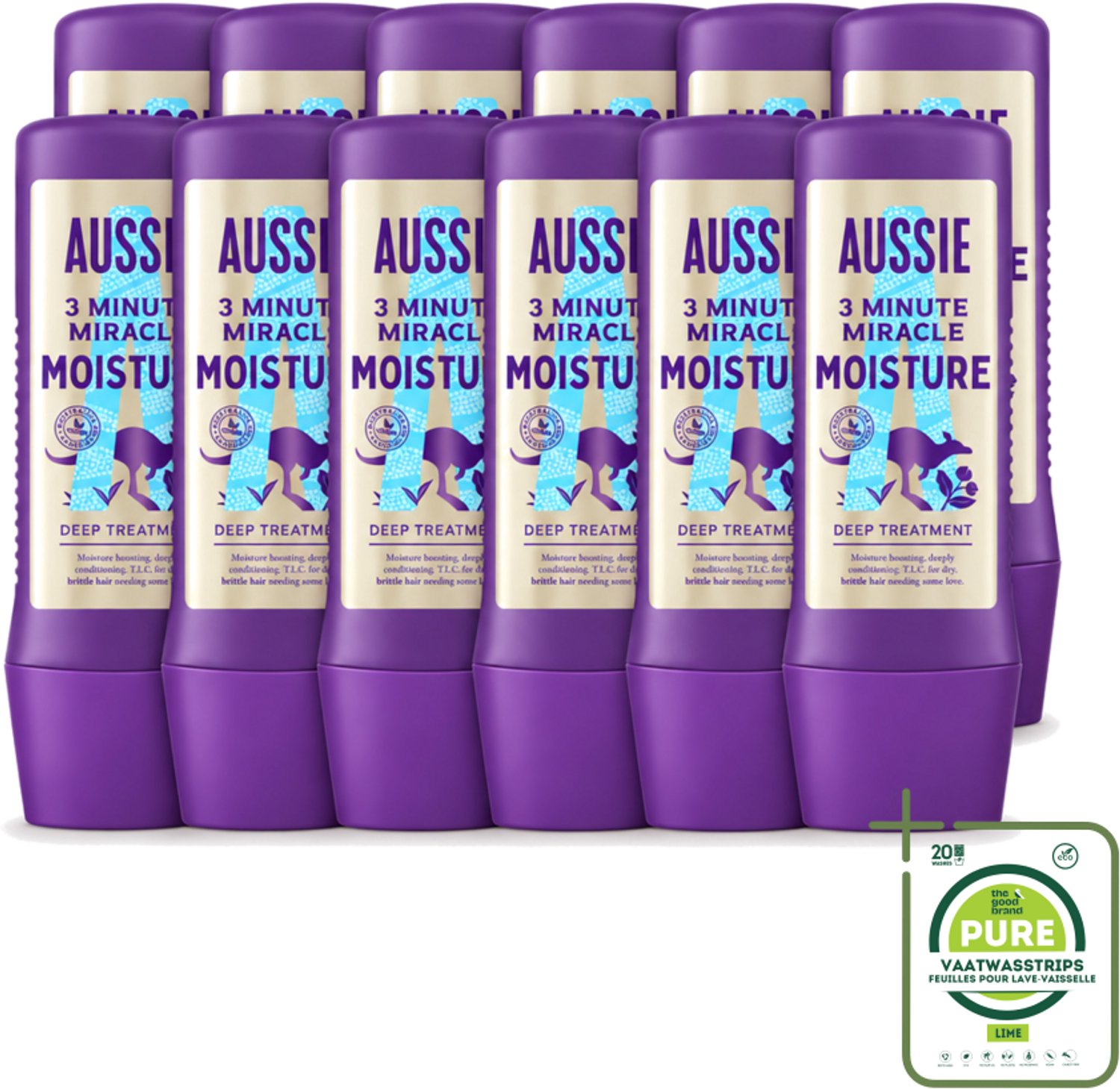 12 x Aussie - Haarmasker - 3 Minute Miracle Moisture - Intensief - Vegan Verzorging - 225 ml - Grootverpakking - Vaatwasstrips - Haarmasker - Haarhydratatie - Droog Haar - Vegan Haarverzorging - Macadamianootolie