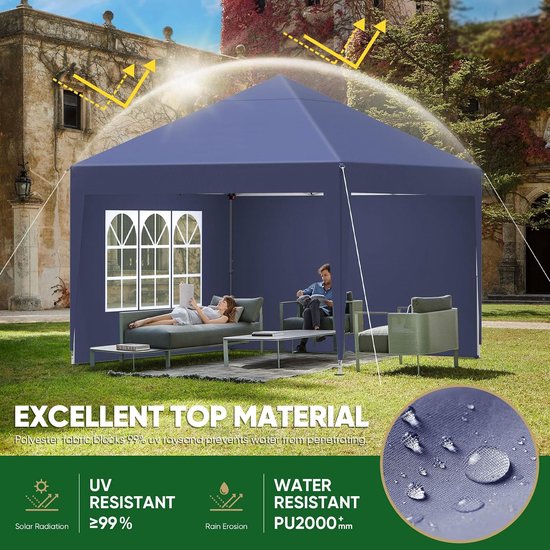 Opvouwbaar paviljoen, 3 x 3 m, opvouwbaar, waterdicht, outdoorpaviljoen, duurzaam, pop-up tuin, paviljoen, met 4 zijwanden, anti-uv 50+, in hoogte verstelbaar, voor feestjes, camping, — afbeelding 3