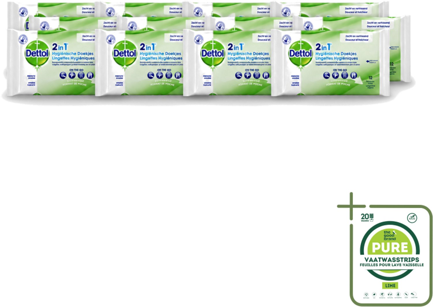 12 x Dettol - Reinigingsdoekjes - 2-in-1 Reiniging & Desinfectie - On the Go - 12 Doekjes - Grootverpakking - Vaatwasstrips - Hygiëne - Reinigen - Desinfectie - Doekjes - Bacteriënbestrijding