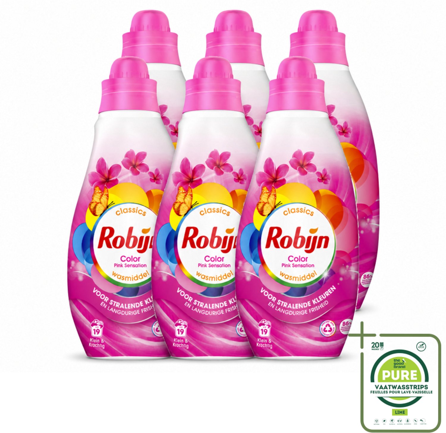 6 x Robijn - Klein & Krachtig Classics Color Pink Sensation - Vloeibaar Wasmiddel - 19 Wasbeurten - Grootverpakking - Vaatwasstrips - Kleurbehoud - Frisse Was - Wasmiddel Voor Gekleurde Kleding - Biologisch Afbreekbaar - Milieuvriendelijk