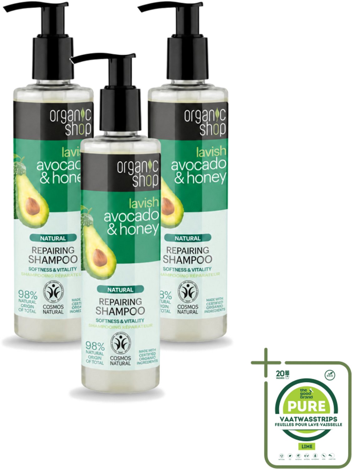 3 x Organic Shop - Natural Repairing Shampoo - Avocado & Honey - Hydraterend en Herstellend - 280 ml - Grootverpakking - Vaatwasstrips - Natuurlijke Shampoo - Avocado En Honing - Herstellend Haar - Hydraterend Haar - Droog Haar