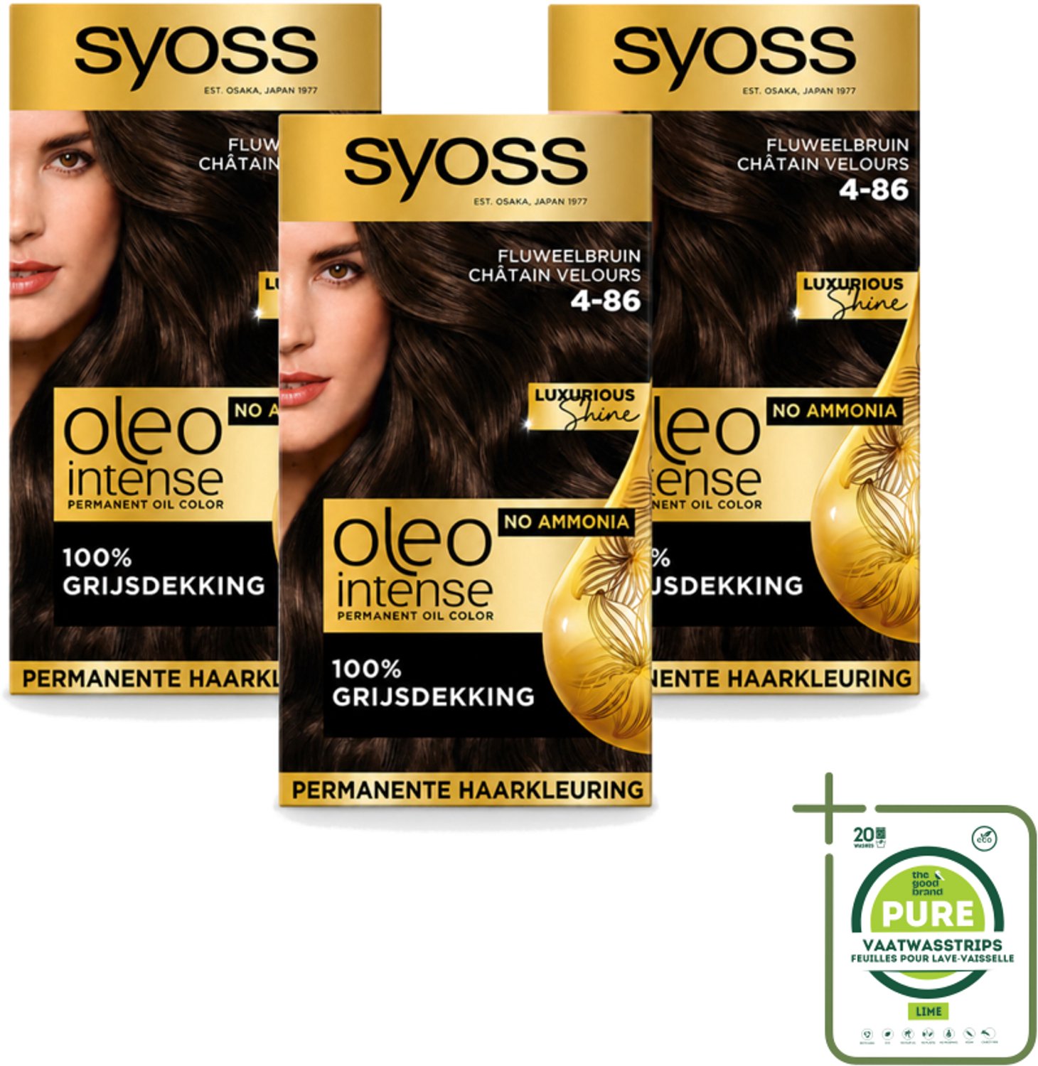 3 x SYOSS - Oleo Intense 4-86 - Haarverf - Permanente Haarkleuring - Fluweelbruin - Langdurige Kleur - Grootverpakking - Vaatwasstrips - Haarkleuring Zonder Ammoniak - Fluweelbruin - Permanente Haarkleuring - Grijsdekking - Haarverzorging