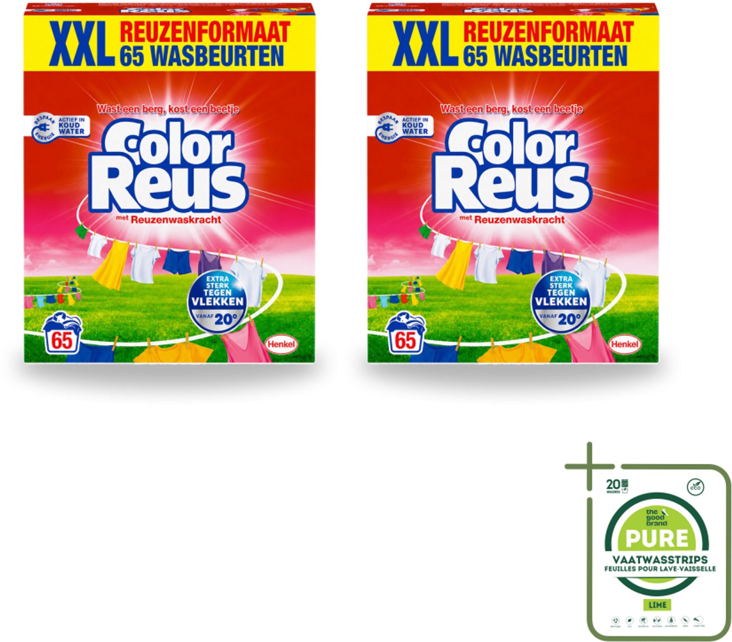 2 x Color Reus - Waspoeder - Gekleurde Was - 65 Wasbeurten - Grootverpakking - Vaatwasstrips - Kleurbehoud - Waspoeder - Vlekverwijdering - Frisheid - Energiebesparing