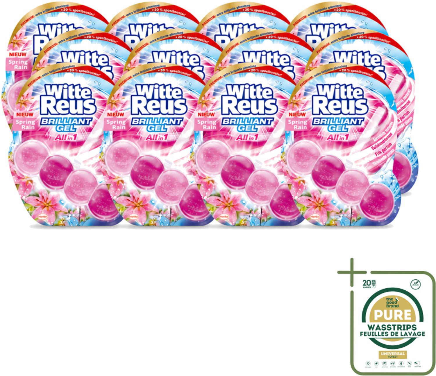 12 x Witte Reus - Toiletblok Brilliant Gel - Spring Rain - 1 Toiletblok - Wasstrips - Toiletblok - Reinigingsgel - Frisheid - Schoonmaak - Hygiëne