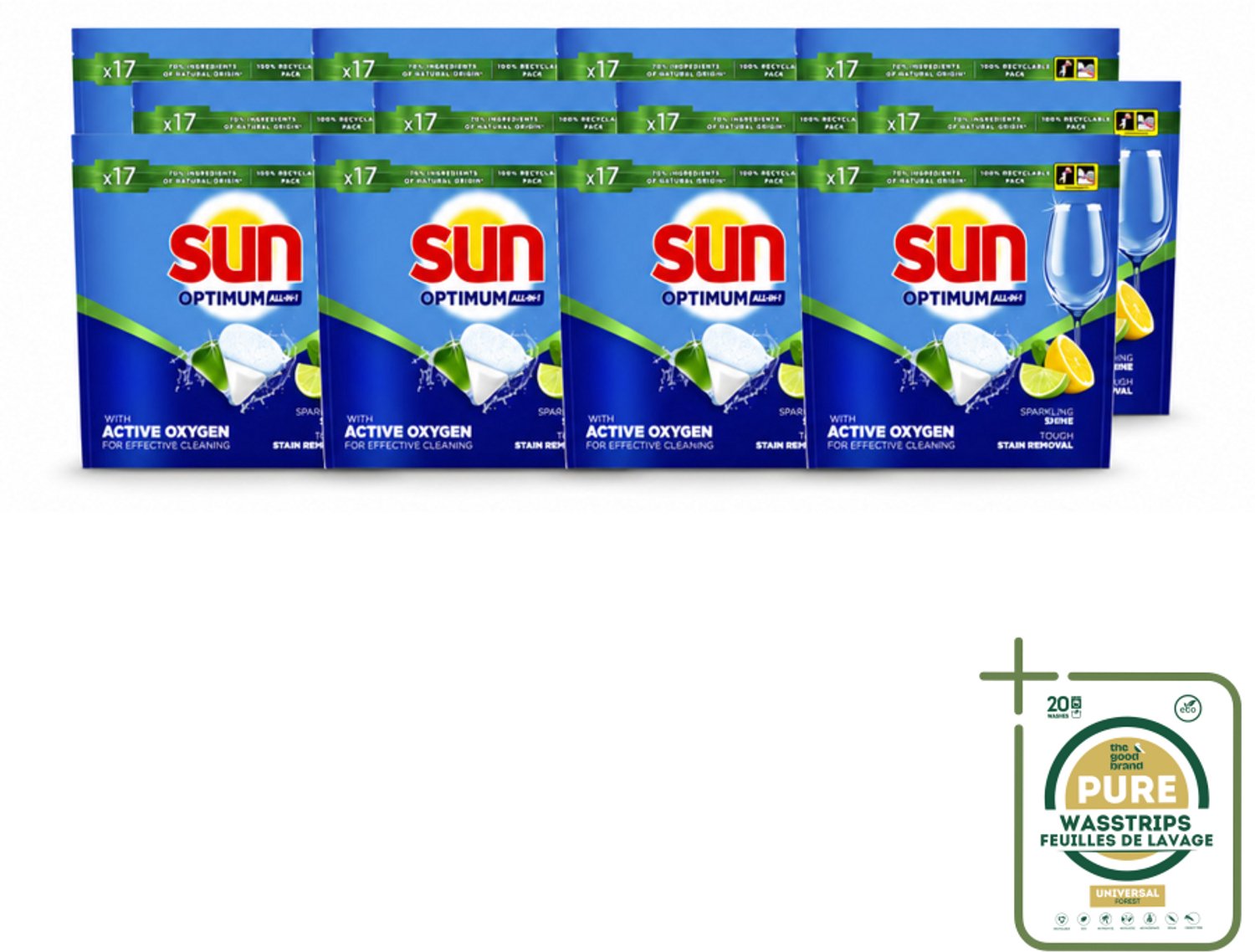 12 x Sun - Vaatwascapsules - Citroen - 17 capsules - Wasstrips - Vaatwasmiddel Citroen - Vaatwascapsules - Reinigingsmiddel - Vaatwasser - Glans