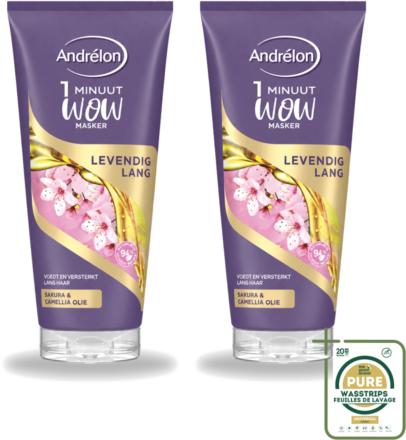 2 x Andrélon - WOW - Masker - Levendig Lang - 180 ml - Wasstrips - Haarmasker - Lang Haar - Intensieve Verzorging - 1 Minuut Masker - Sakra-olie
