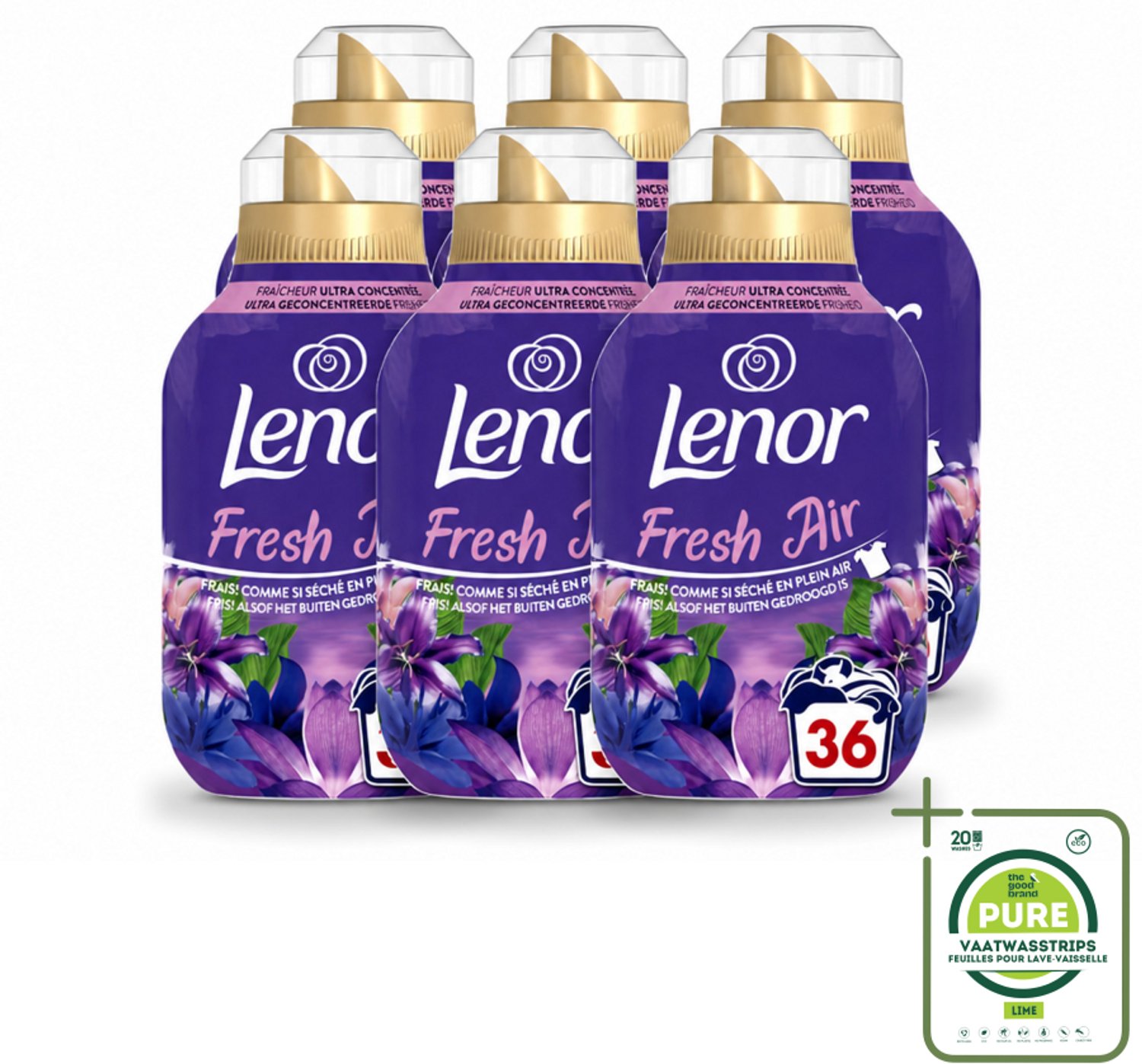 6 x Lenor - Wasverzachter - Fresh Air Maneschijn - Ultra Geconcentreerd - 36 Wasbeurten - Grootverpakking - Vaatwasstrips - Wasverzachter - Frisheid - Buiten Geur - Wasgoed - Kledingbescherming