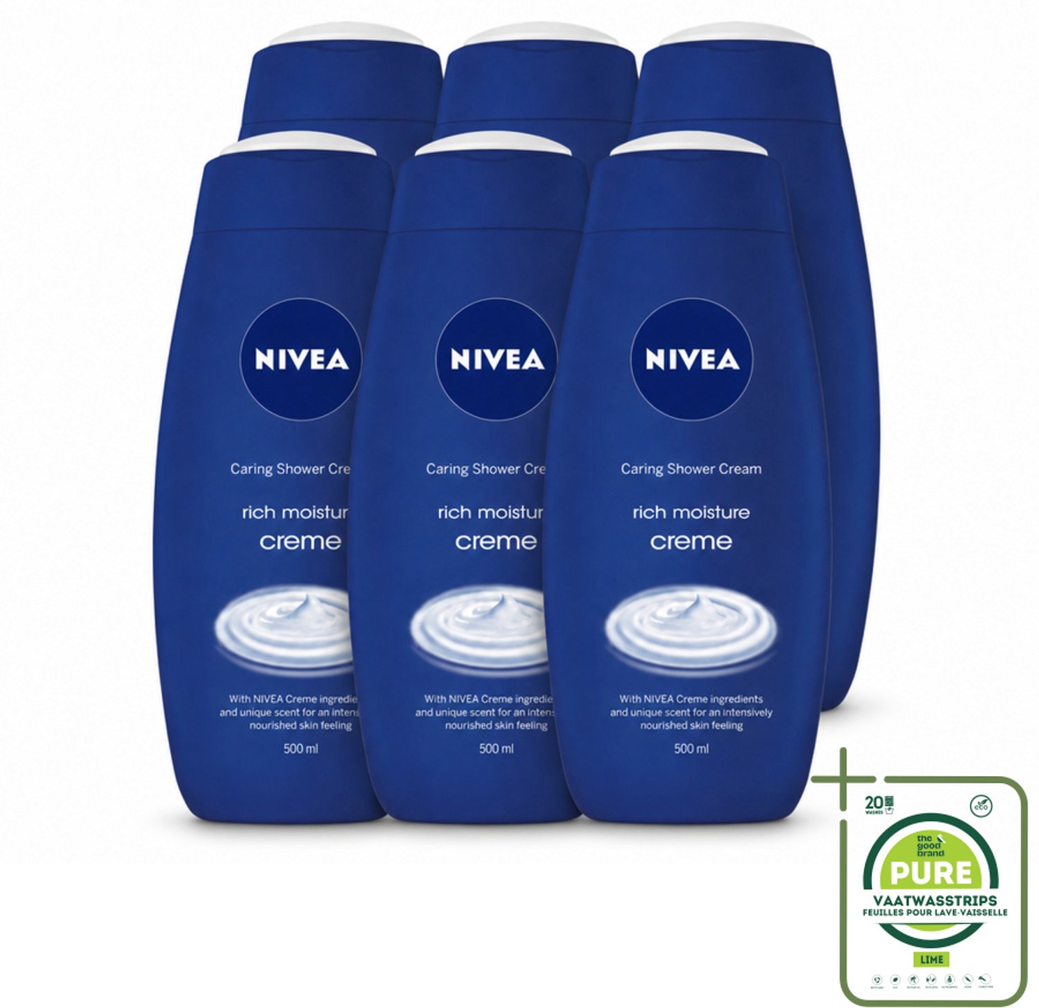 6 x NIVEA - Douchecrème - Rijke Hydratatie - Voedend Huidgevoel - 500 ml - Grootverpakking - Vaatwasstrips - Douchecrème - Voedende Douchecrème - Hydratatie - Huid Verzorging - NIVEA