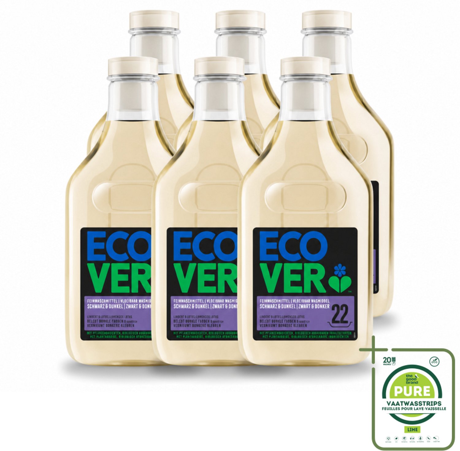 6 x Ecover - Vloeibaar wasmiddel - Zwart & Donker - 1 liter - 22 wasbeurten - Grootverpakking - Vaatwasstrips - Donker Wasmiddel - Kleurbehoud - Kleuroverdracht Voorkomen - Ecologisch Wasmiddel - Plantaardig Wasmiddel