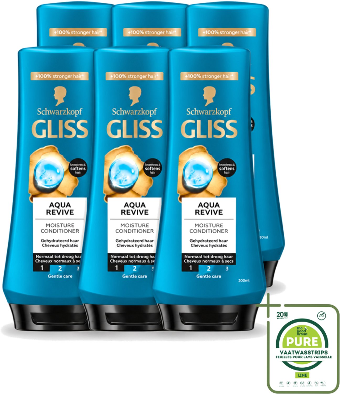 6 x Gliss - Hair Repair - Conditioner Aqua Revive voor Hydraterend en Fris Haar - 200 ml - Grootverpakking - Vaatwasstrips - Haar Hyderatatie - Haar Verfrissend - Haar Hydrateren - Haar Beschadigd - Haar Droog
