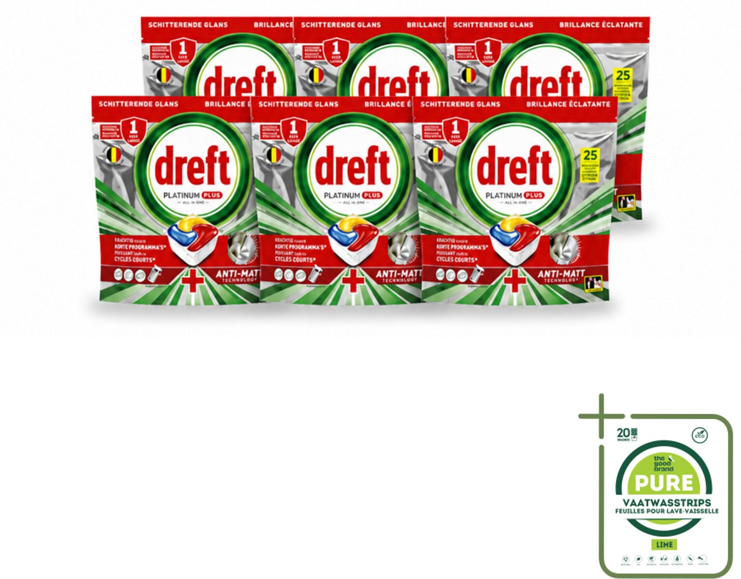6 x Dreft - Vaatwastabletten - Platinum Plus All-in-One Citroen - Frisse geur - 25 Tabletten - Grootverpakking - Vaatwasstrips - Vaatwasmachine - Vaat Reinigen - Glans Herstellen - Anti-dofheid - Vaat Glans