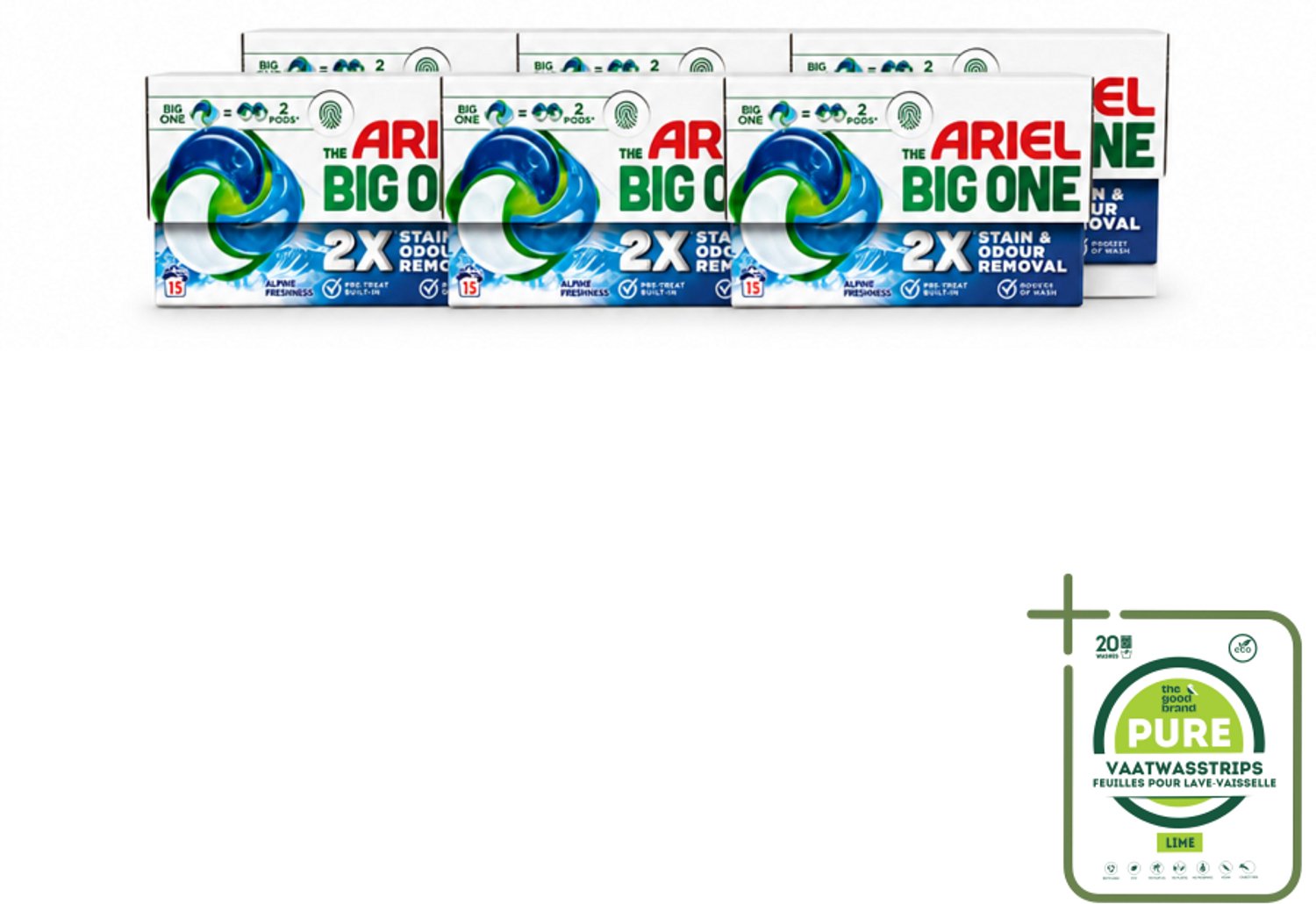 6 x Ariel - 3in1 Wasmiddel Pods - The Big One - Alpine - 15 Pods - Grootverpakking - Vaatwasstrips - Wasmiddel - Wasmiddelpod - Reinigingskracht - Vlekverwijdering - Alpine Geur