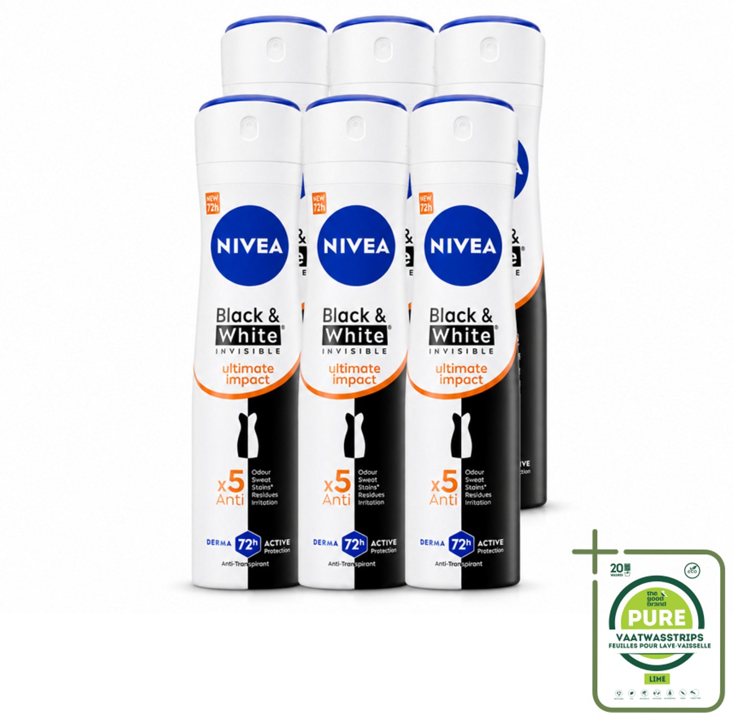6 x NIVEA - Deodorant Spray - Zwart & Wit Ultieme Impact - Anti-Transpirant - 150 ml - Grootverpakking - Deodorant Spray - Anti-vlekken - Bescherming Tegen Vlekken - 72 Uur Bescherming - Zweetbeheer