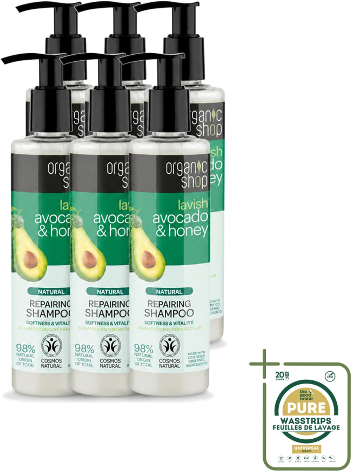 6 x Organic Shop - Natural Repairing Shampoo - Avocado & Honey - Hydraterend en Herstellend - 280 ml - Wasstrips - Avocado En Honing Shampoo - Herstellend Haar - Hydraterend Haar - Beschadigd Haar - Pluis Haar