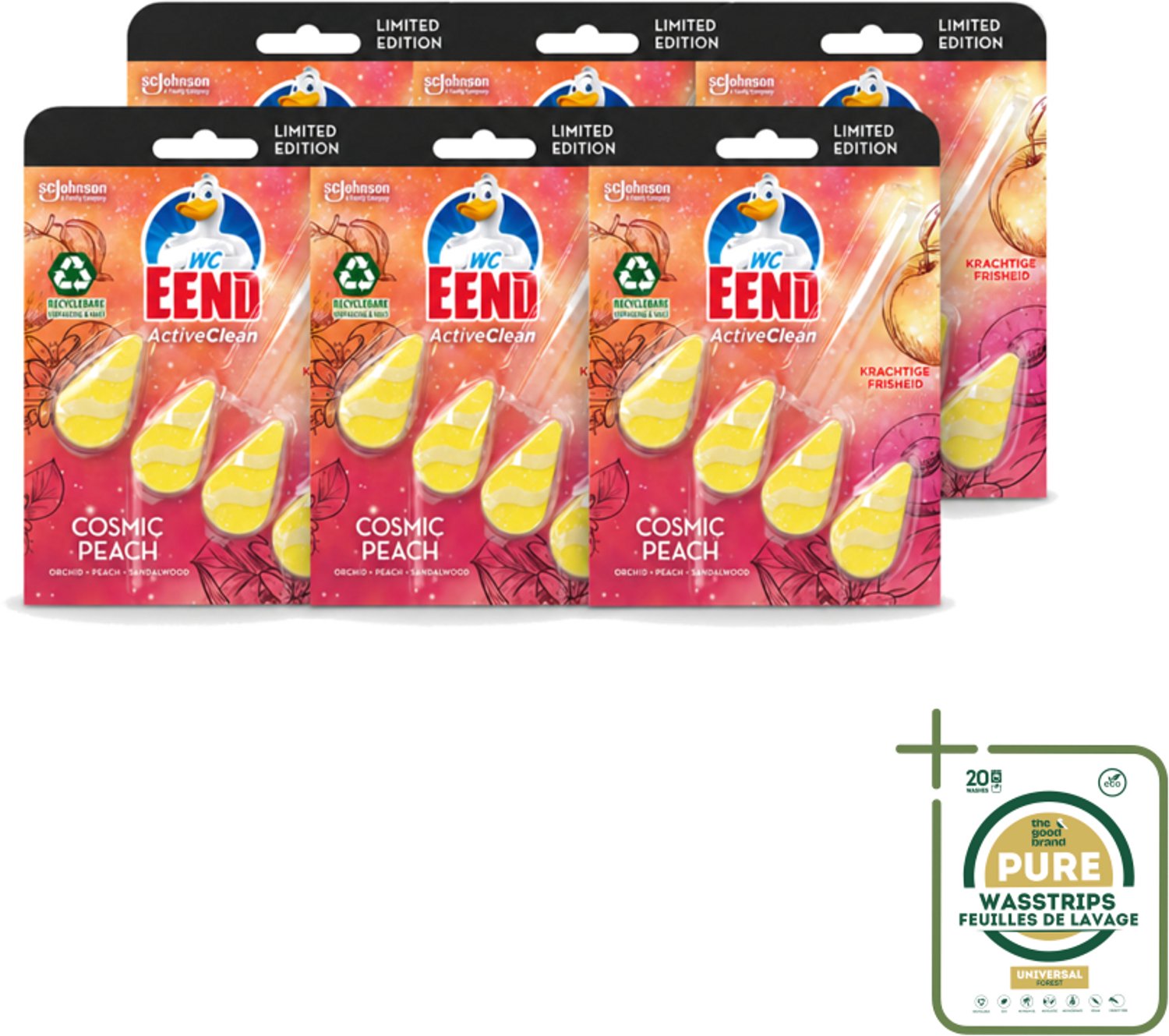 6 x WC Eend - Active Clean Cosmic Peach - Toiletblok - Fruitige Perzikgeur - 38 gr - Wasstrips - Toiletblok - Reinigingsblok - Perzikgeur - Toilet Reinigen - Actieve Reiniging