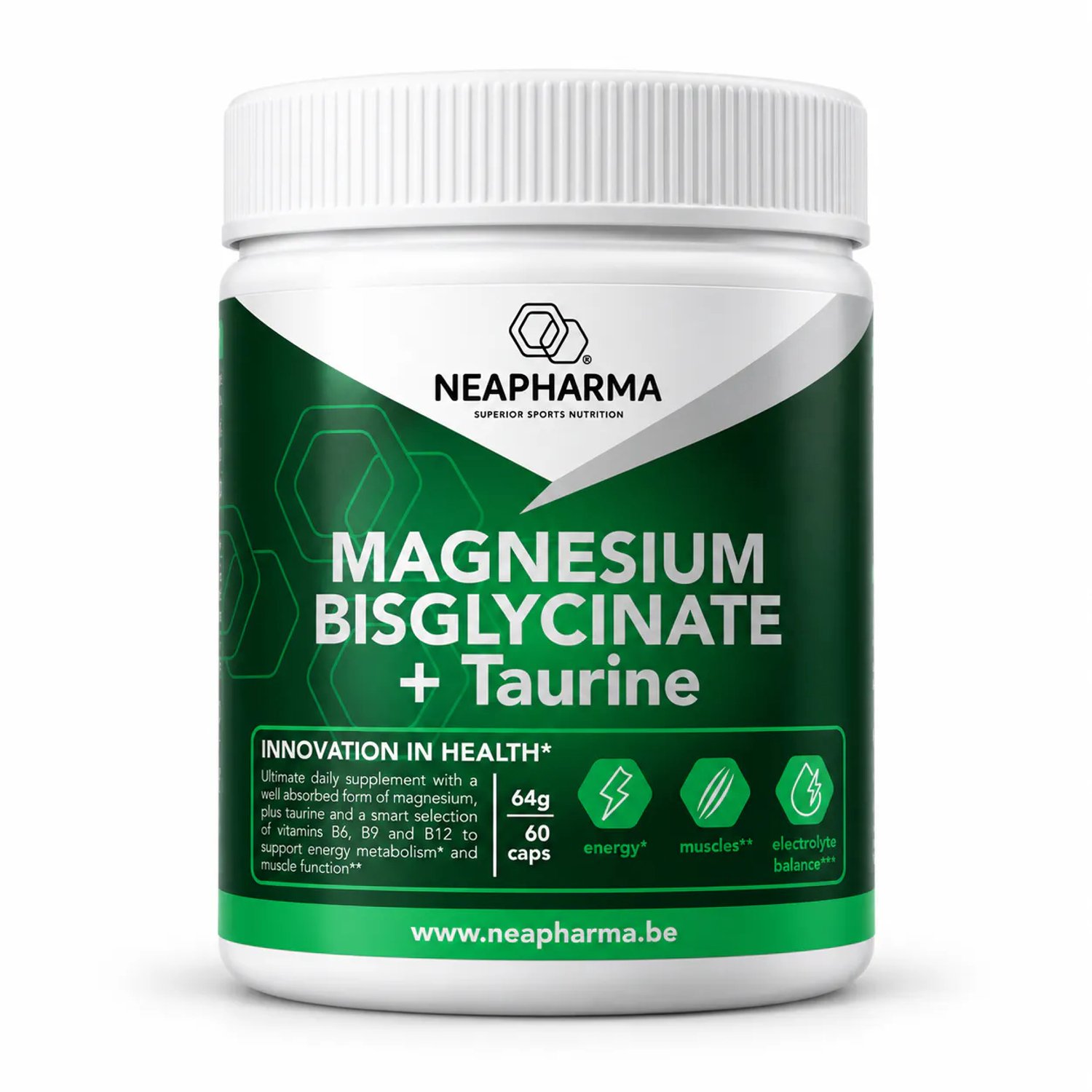 Magnesium Bisglycinaat met Taurine - Neapharma - 60 capsules - B vitamines - Goed voor spieren, meer energie, botten en gaat vermoeidheid tegen