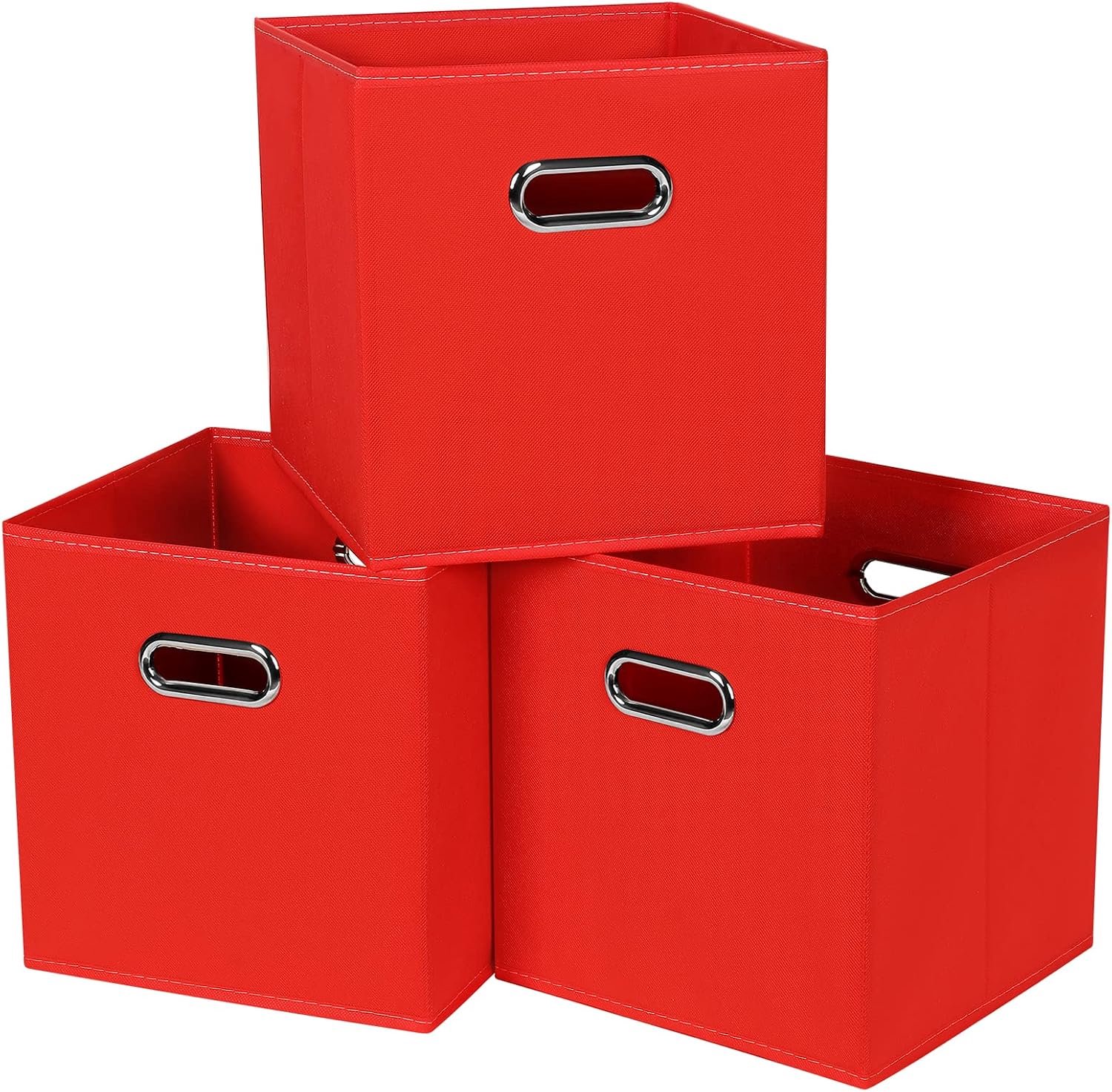 Zwarte stoffen cubby opbergbakken, 30 x 30 x 30 cm, kubusorganisatorbak, opvouwbare opbergdozen met dubbele handgrepen, stoffen organizerdoos en inklapbare opbergmand, set van 3, rood