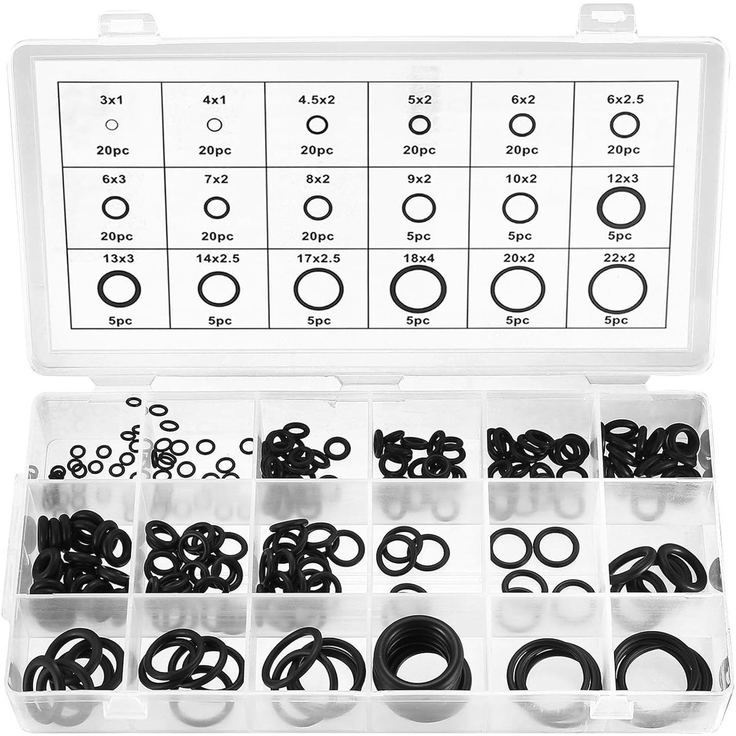 Complete Set van 225 O-Ringen in NBR Rubber - 18 Maten Ø3-22mm voor Loodgieterswerk, Hydraulica en Mechanica - Weerstand tegen Water, Olie en Extreme Temperaturen