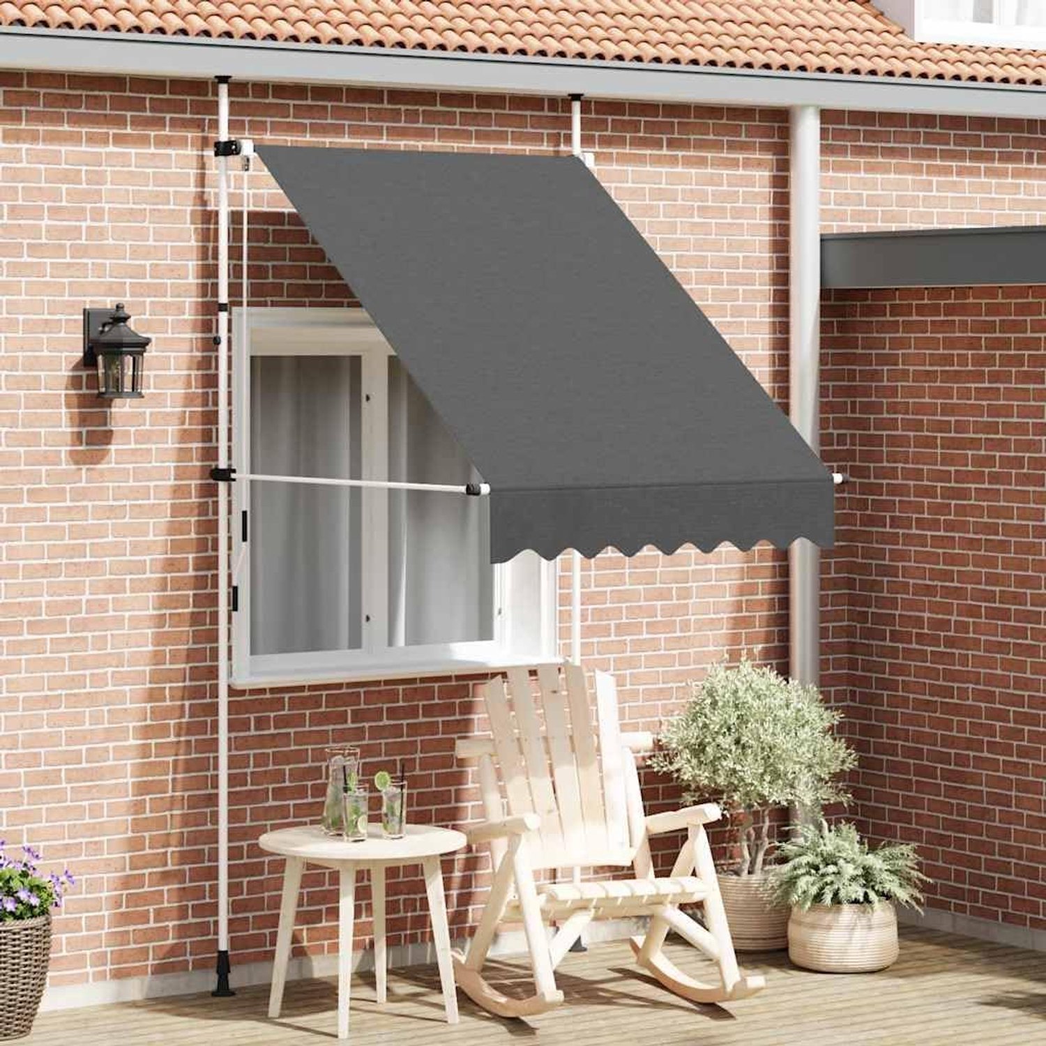 Handmatig intrekbare luifel, 150 cm, antraciet, raamluifel, handbediend met zwengel, polyester met PU-coating, stalen frame, water- en vuilafstotend, voor terras