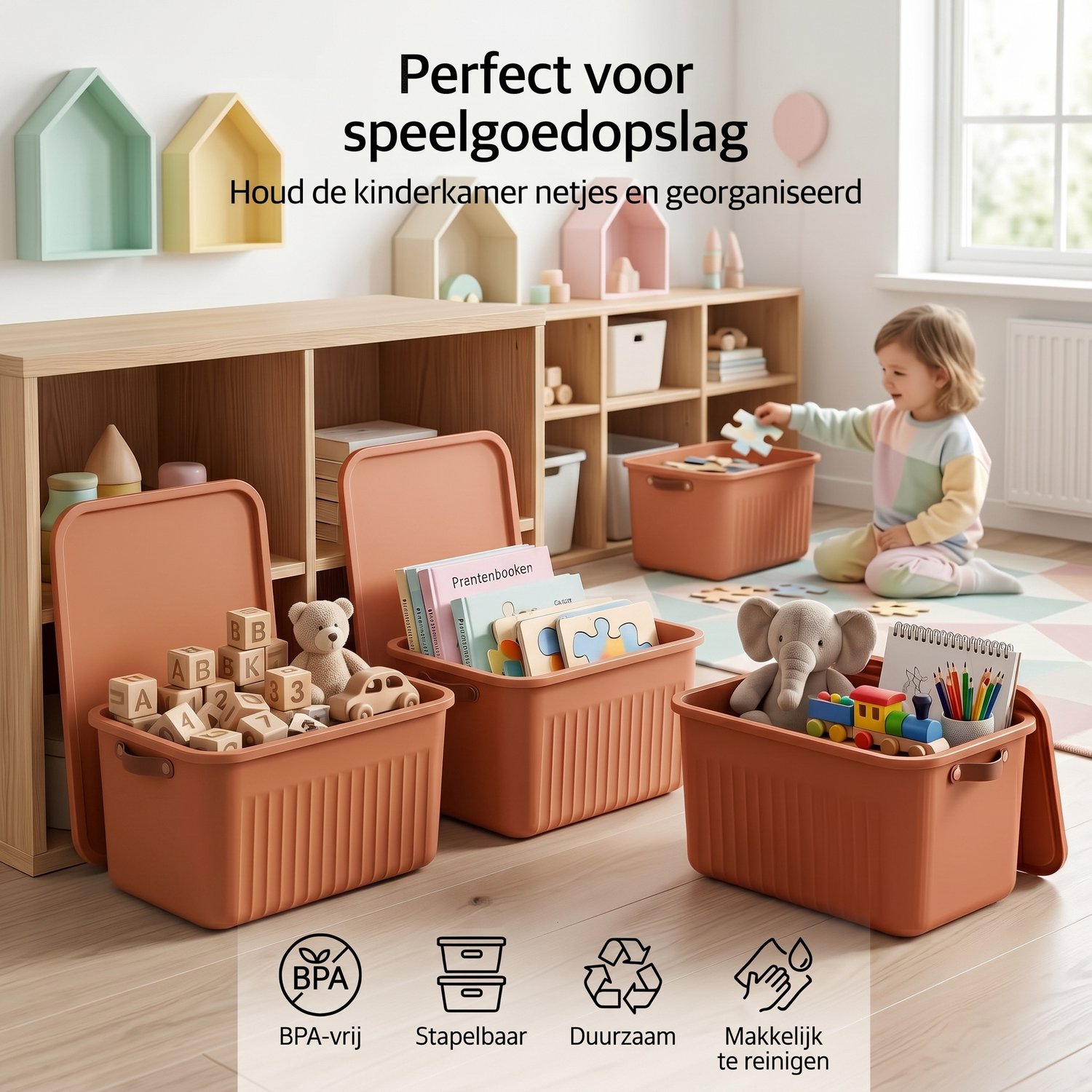 INDECOR Stapelbare Speelgoedbox met Handgrepen – 20 L Opbergbox Set van 3 met Deksel – Opbergdoos voor Bouwblokjes en Bouw - Opbergbox grootstenen – Terracotta