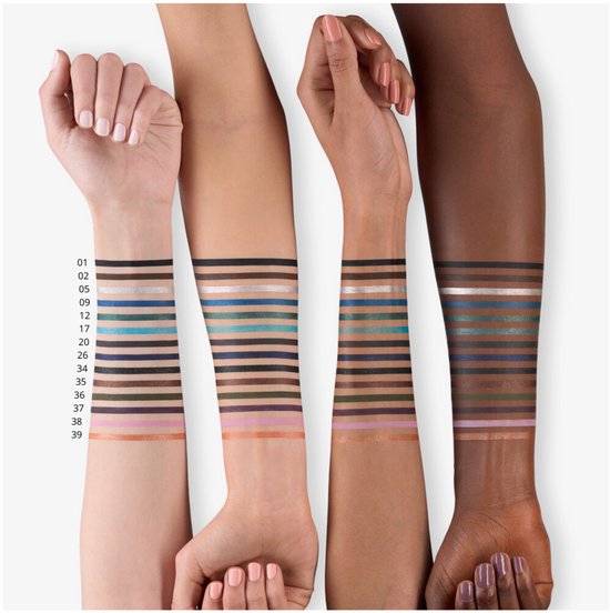 Lippenpotloodswatches op vier verschillende huidtinten, met nummers ernaast.
