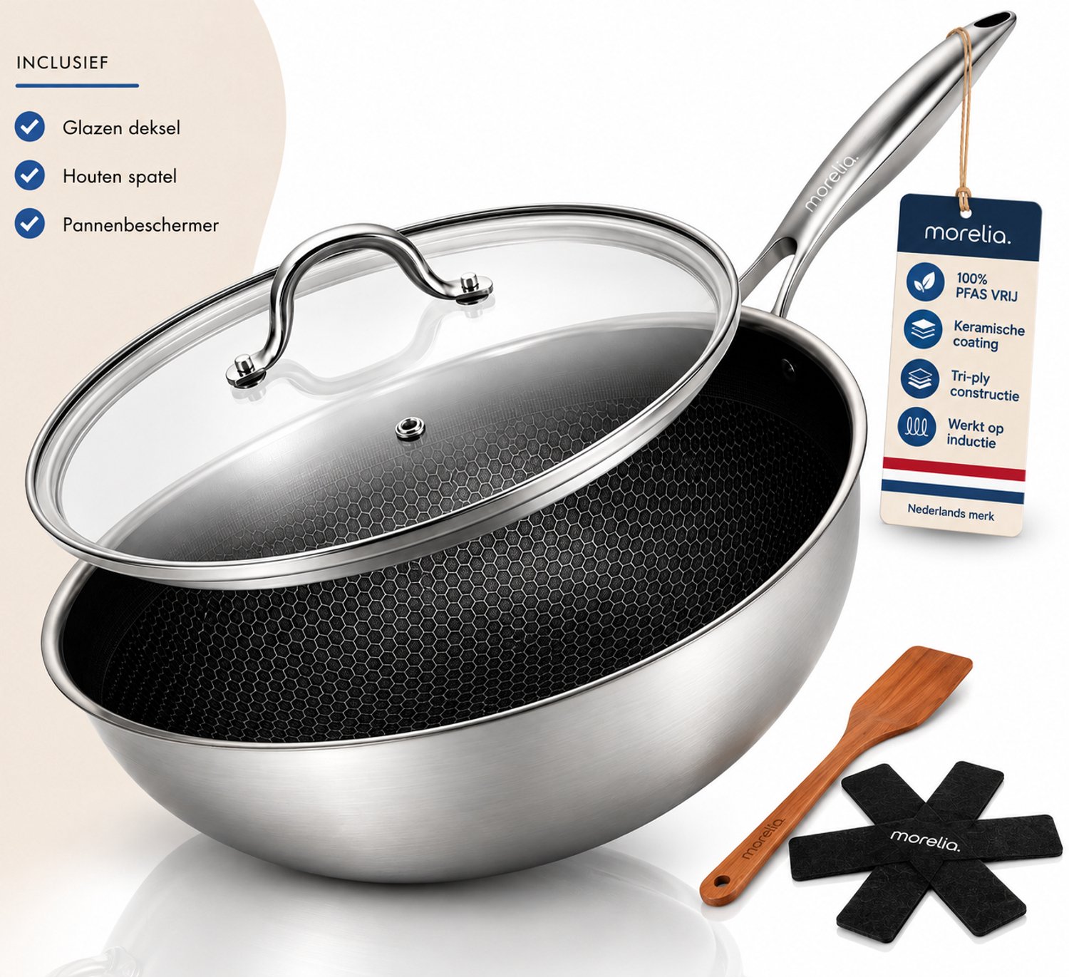 Morelia Wokpan Inductie met Deksel (30cm Zwart) - Incl Spatel en Pannenbeschermer - Keramische Anti aanbaklaag - Oven en Vaatwasserbestendig