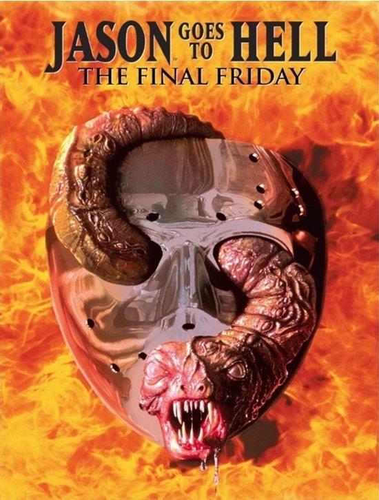Jason Goes to Hell: The Final Friday filmposter met Jason's gemartelde masker op gloeiende vlammen.