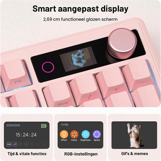 Volledig mechanisch toetsenbord met scherm en knoppen, 10000mAh batterij, BT/2.4GHz, PBT keycaps, hot swap, RGB verlichting, gasket ontwerp, draadloos gaming toetsenbord voor Mac en PC (roze, zeezout stil) — afbeelding 2