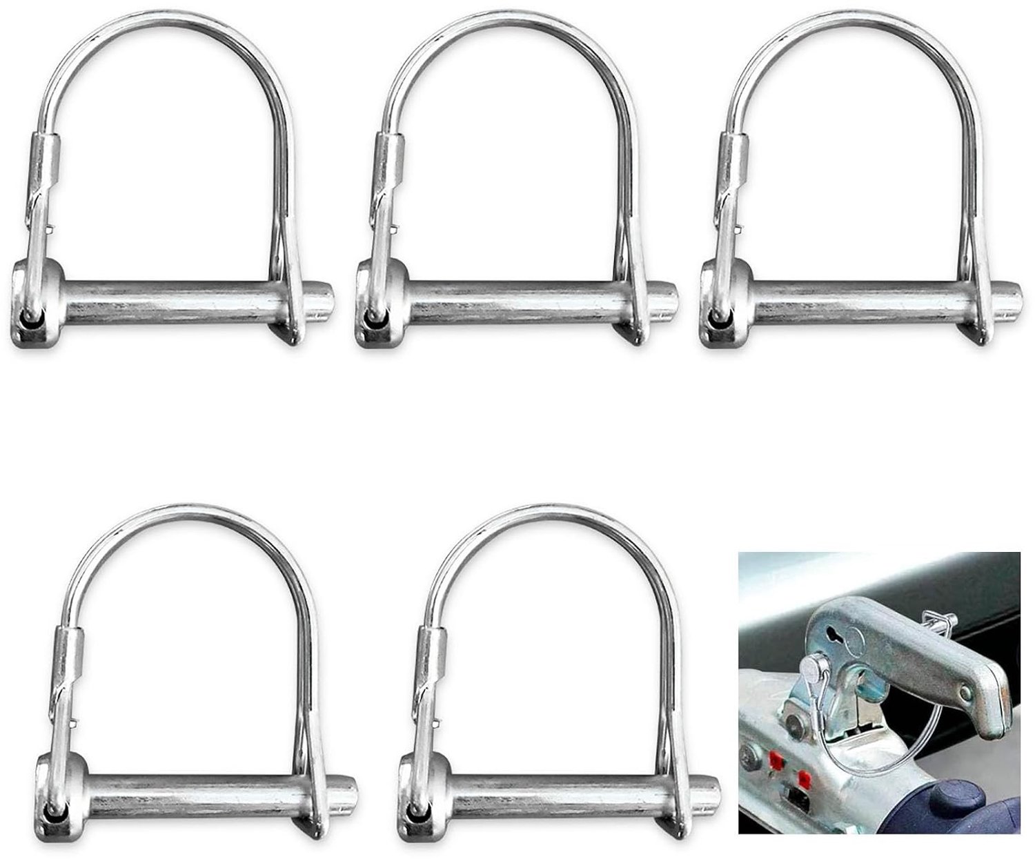 Set van 5 D-vormige Klemmen met Kliksluiting, Bevestigingspinnen en Veiligheidsbouten voor Tuinmachines, Aanhangwagens en Landbouwtoepassingen - 6mm x 70mm